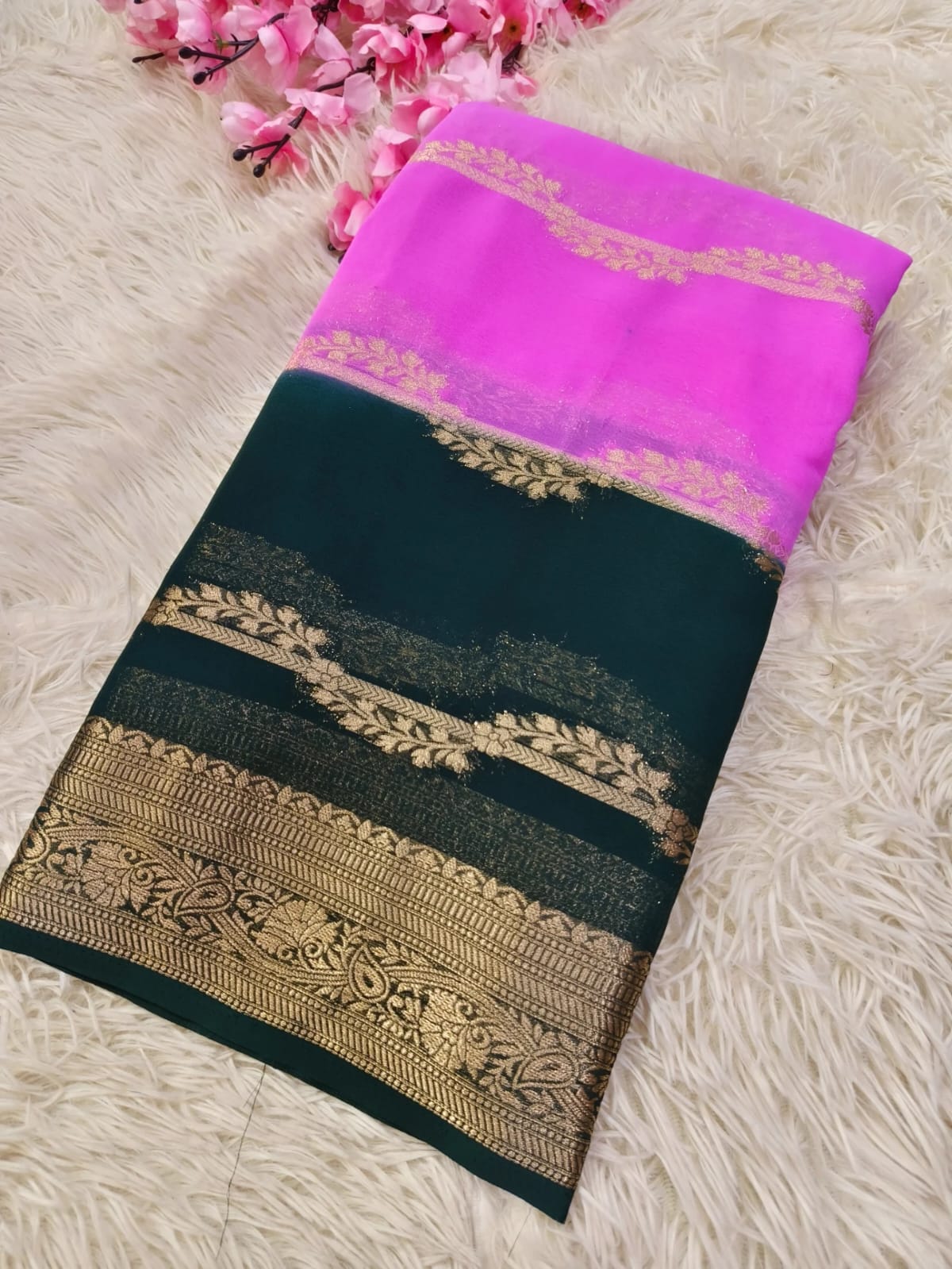 Pink With Green semi Mysore crepe Georgettesilk saree