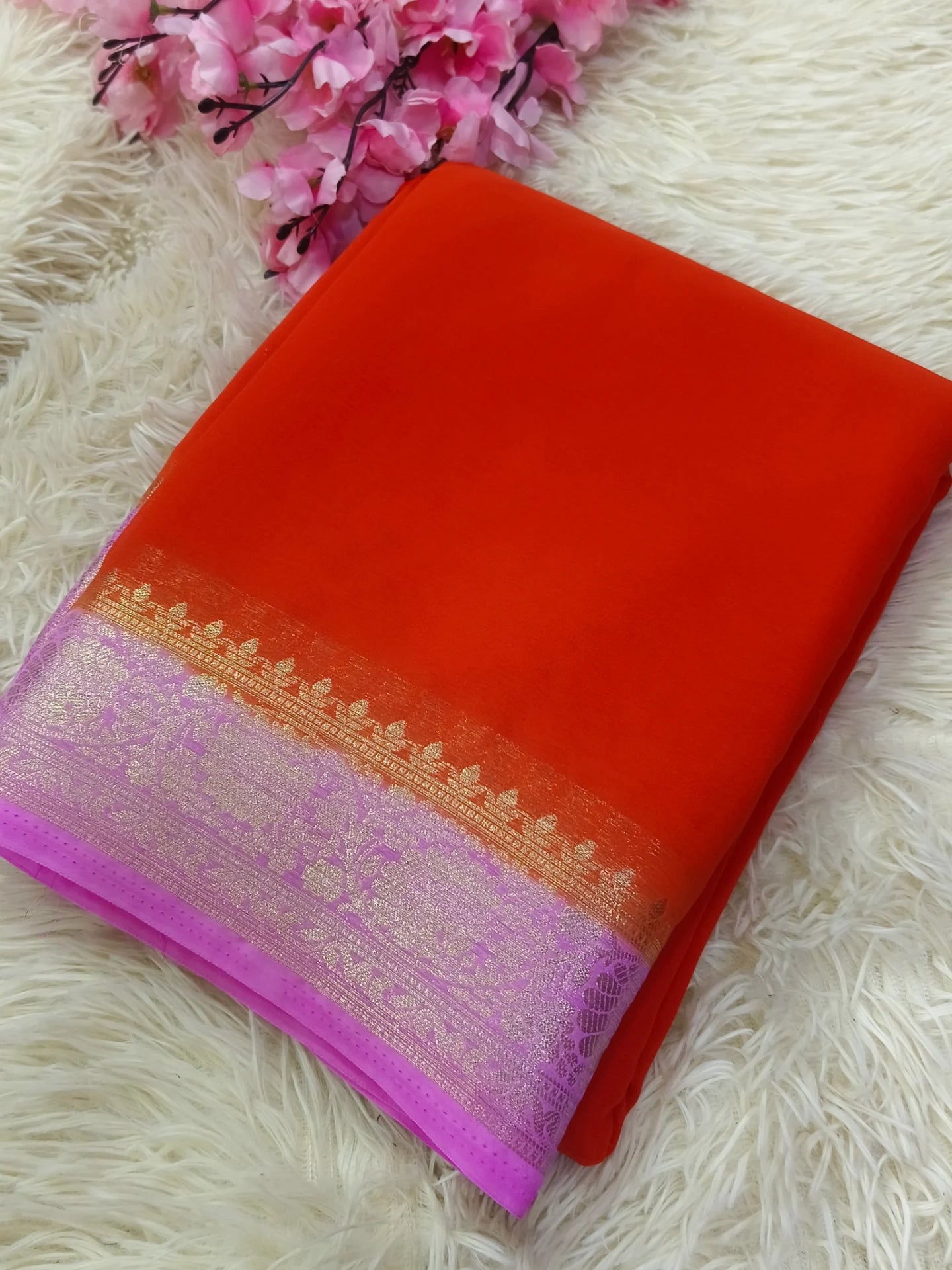 Orange with pink semi Mysore crepe Georgettesilk saree