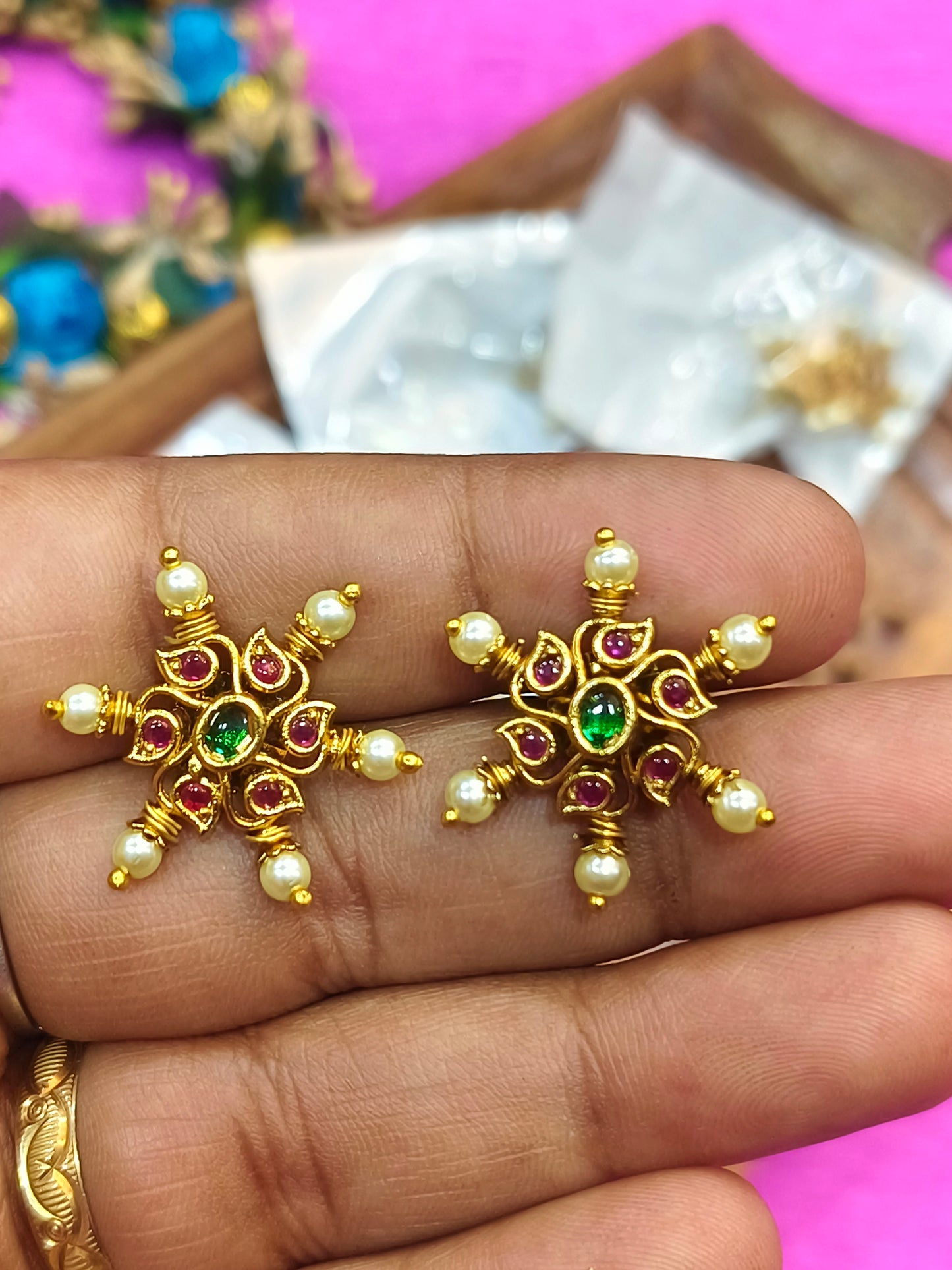 Parl with Ruby stone gold plated stud