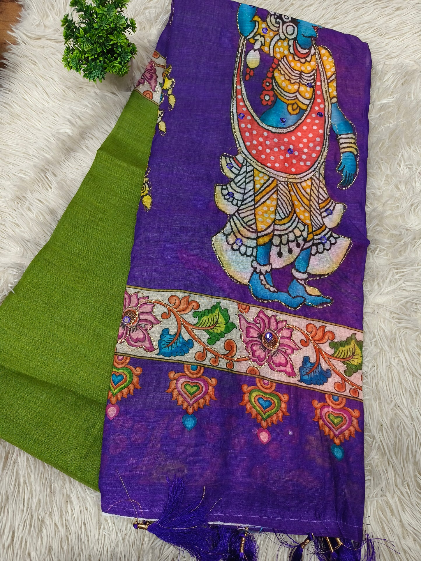 Green with purple Lenin Kalamkari saree