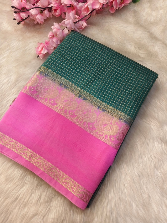 Green With pink semi Mysore crepe silk saree