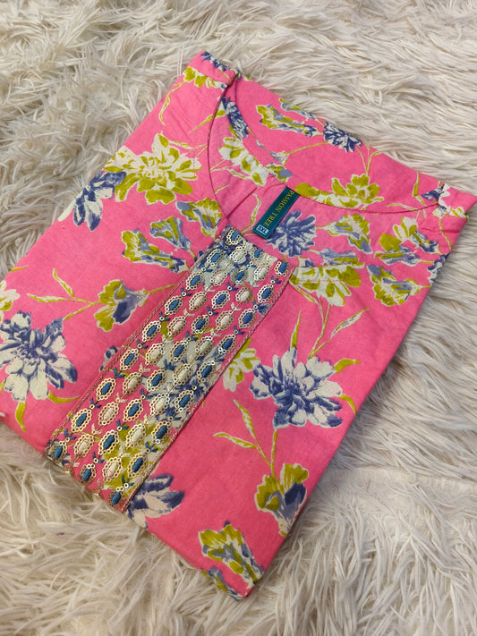 Pink Cotton side cut kurti