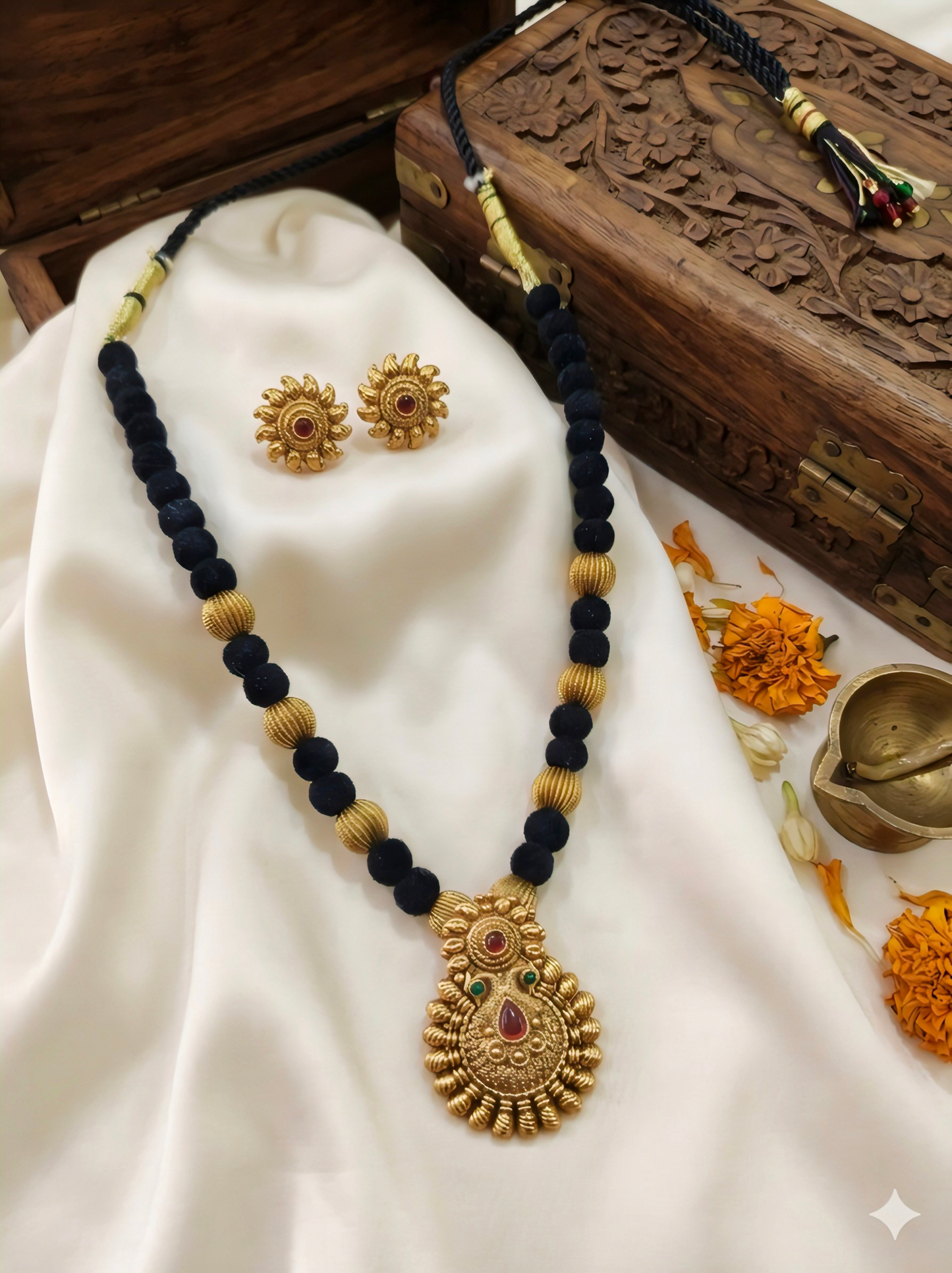 Matte finish black thread Ruby stone necklace set