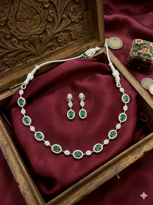 Green stone silver plated Necklace set