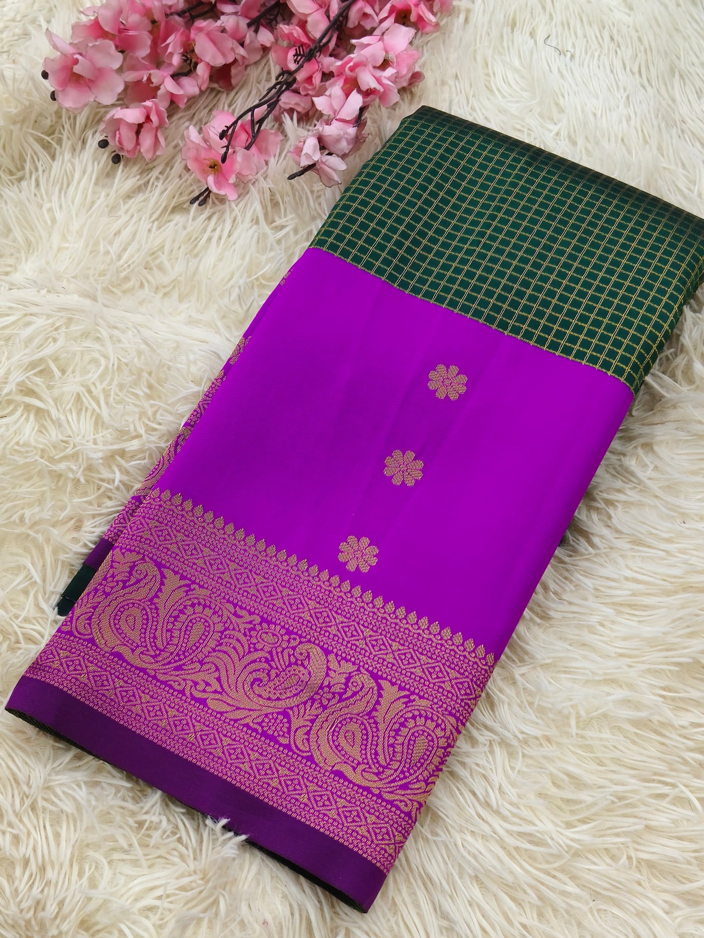 Bottle Green with magenta pink semi silk saree