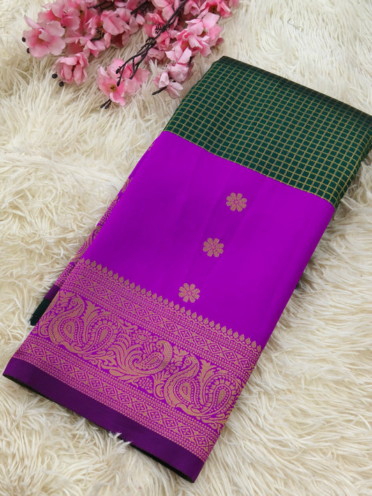 Bottle Green with magenta pink semi silk saree