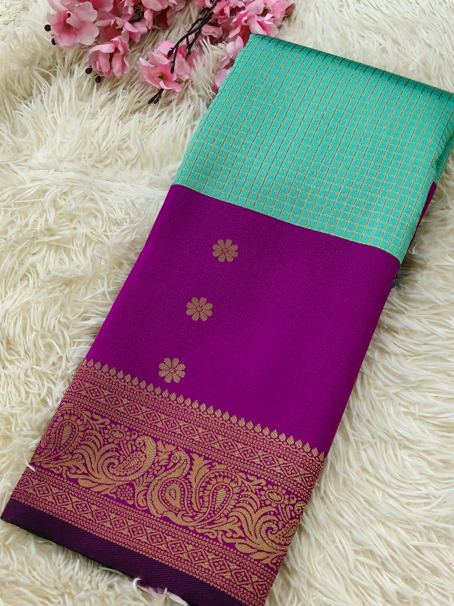 Sea Blue with magenta pink semi silk saree