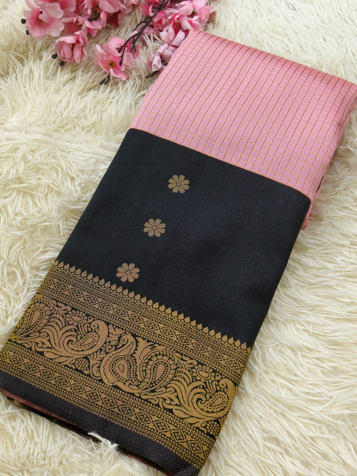 Pink With Black semi silk saree