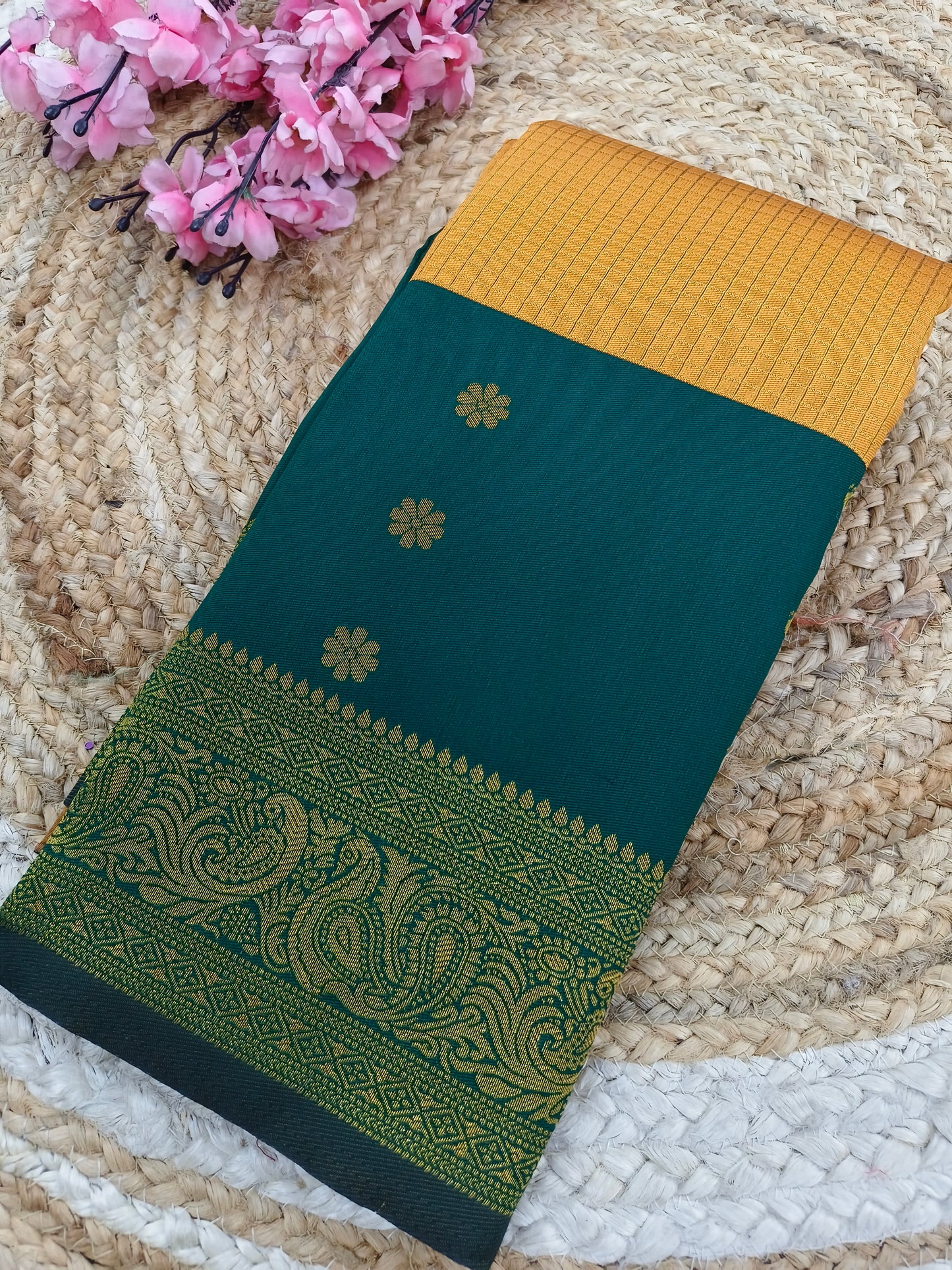 Yellow With Bottle Green semi silk saree