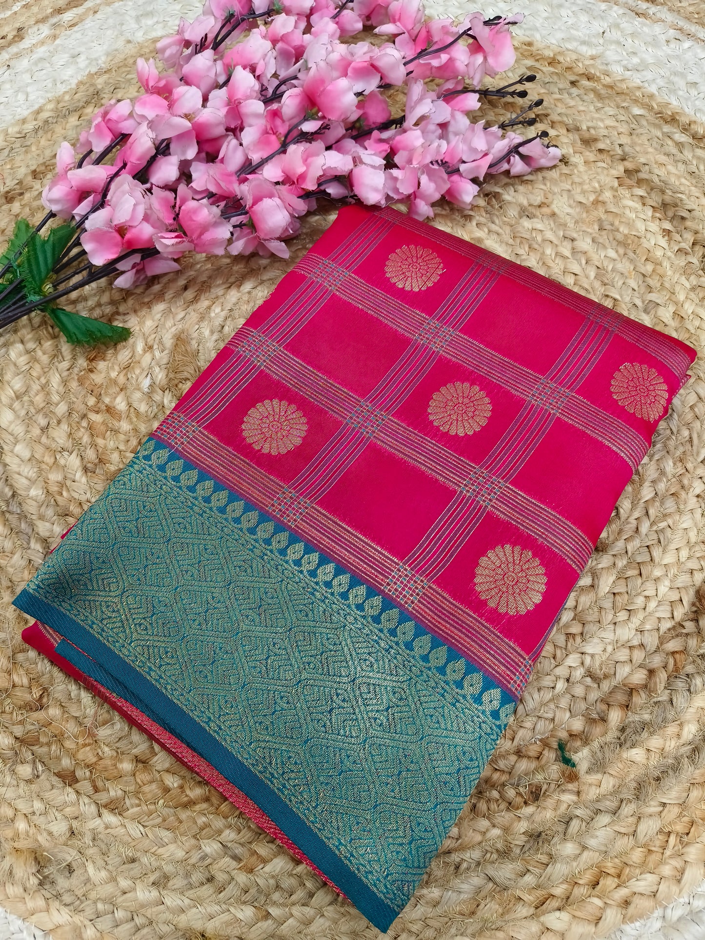 Pink with Rama Green Semi silk saree