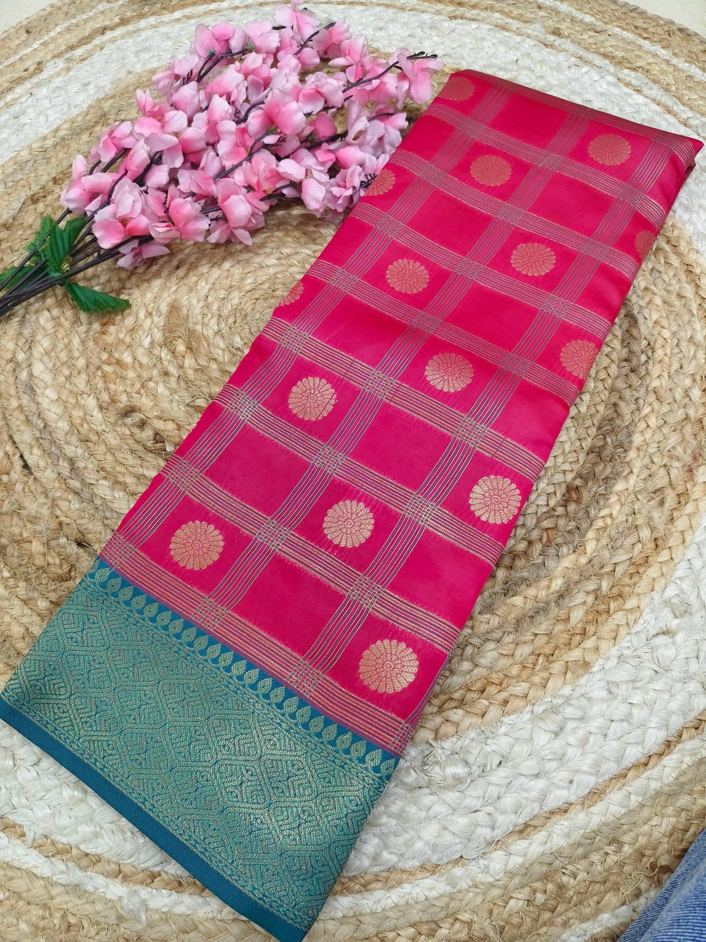 Pink with Rama Green Semi silk saree