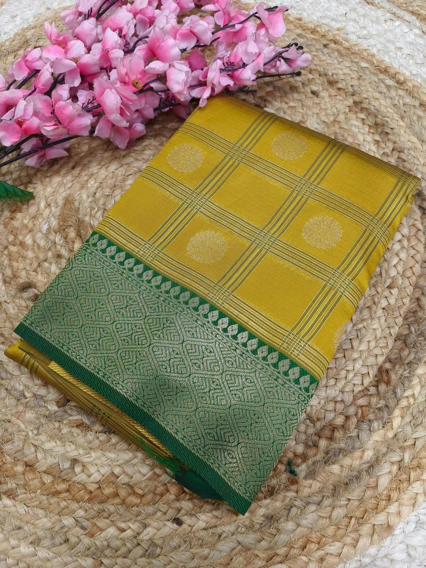 Yellow with Green Semi silk saree