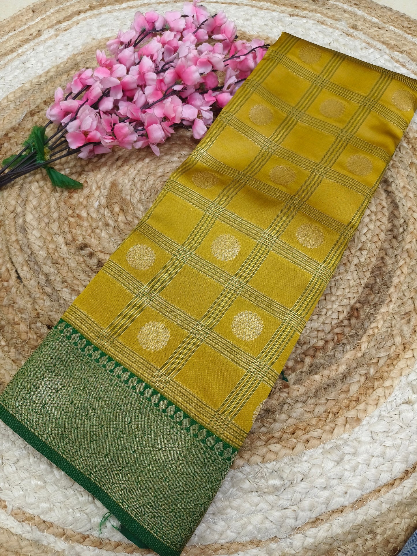 Yellow with Green Semi silk saree