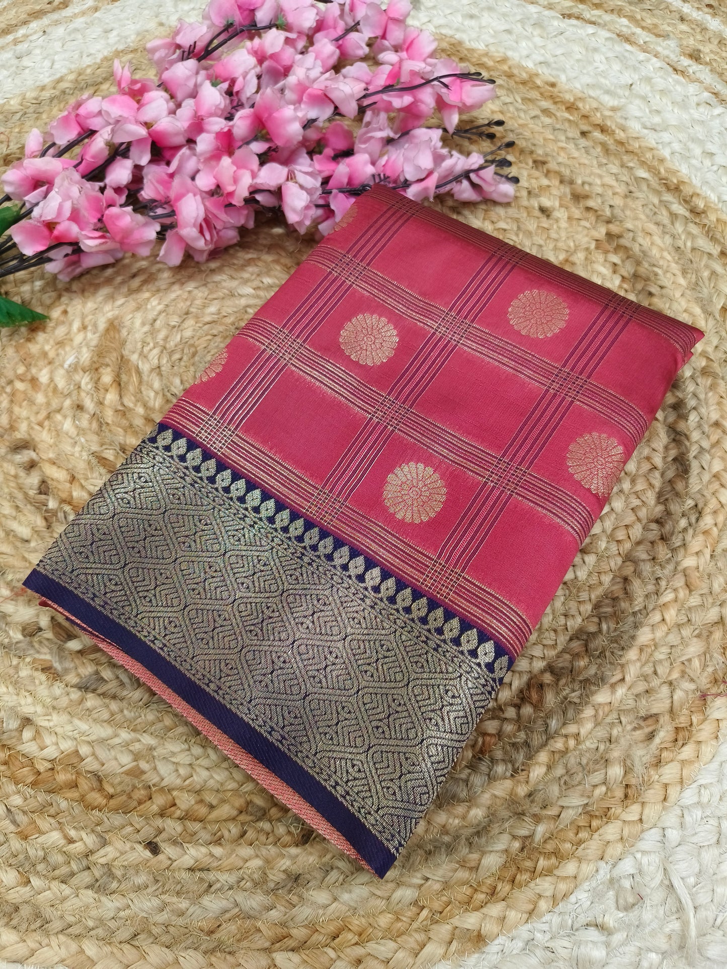 Pink with Navy Blue Semi silk saree
