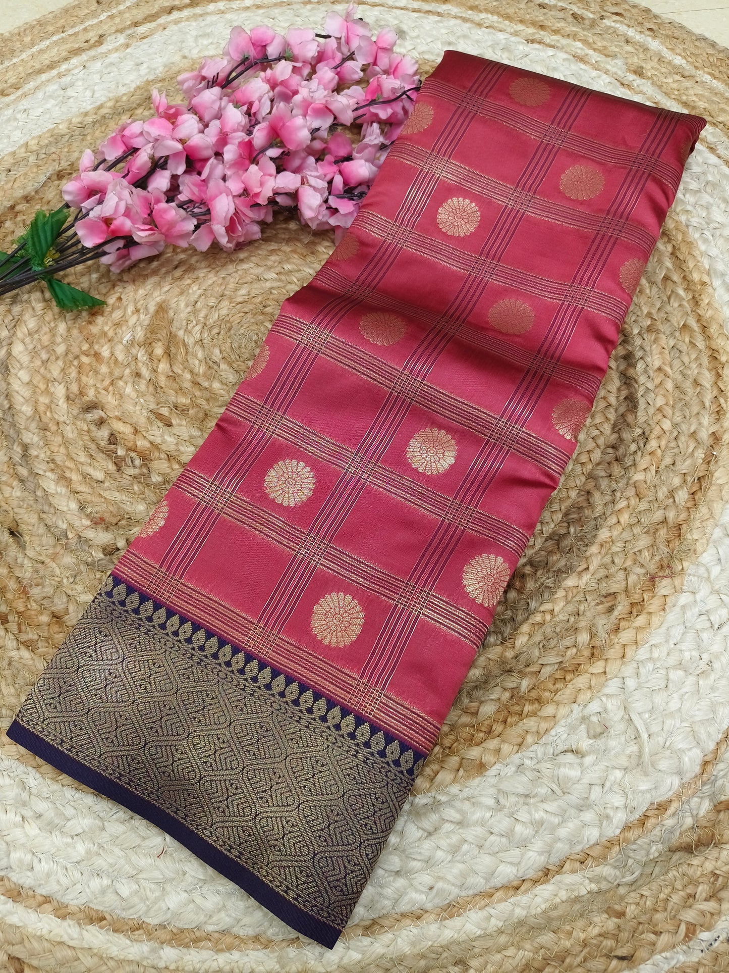 Pink with Navy Blue Semi silk saree