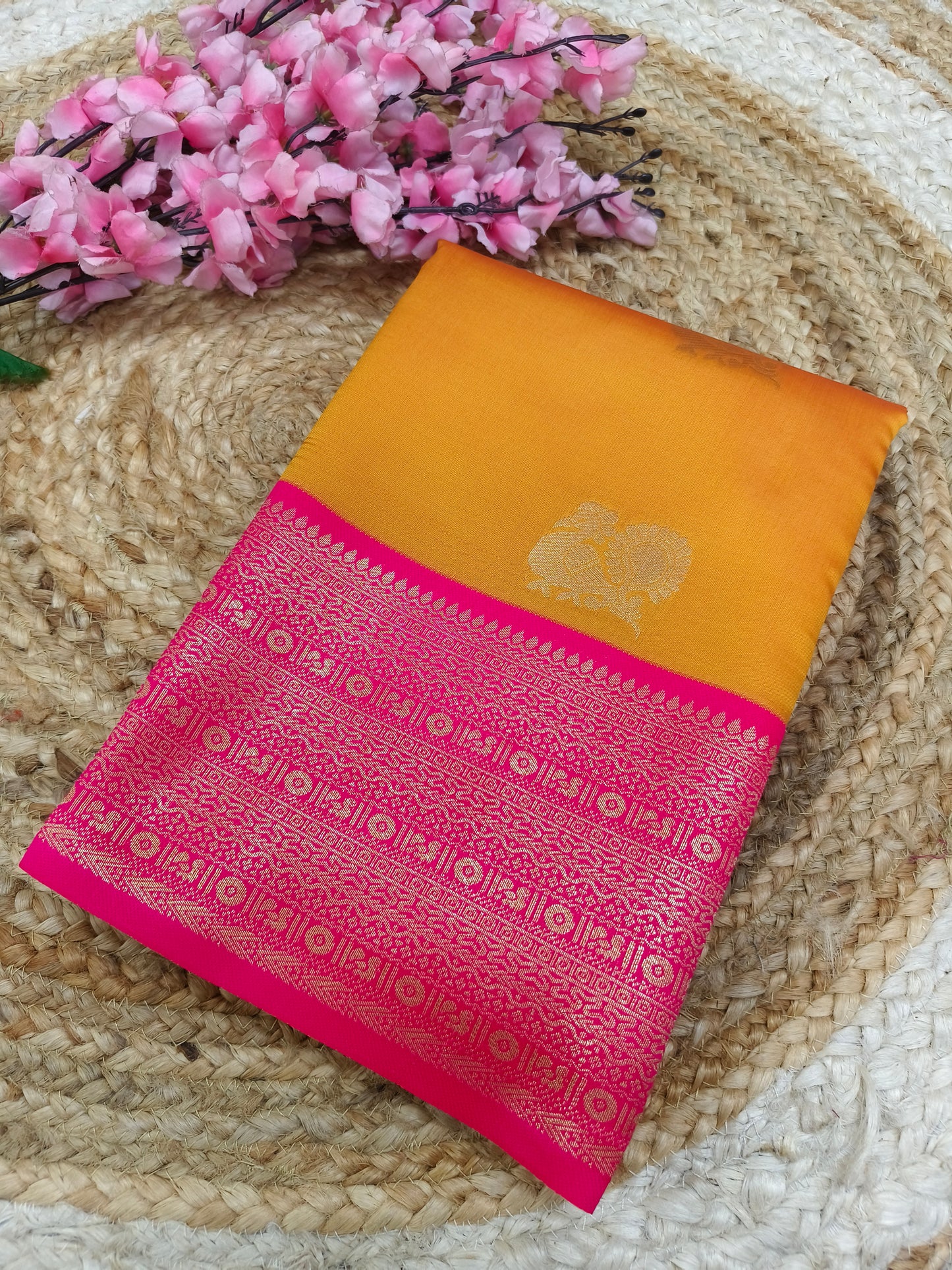 Yellow With Pink Semi silk saree