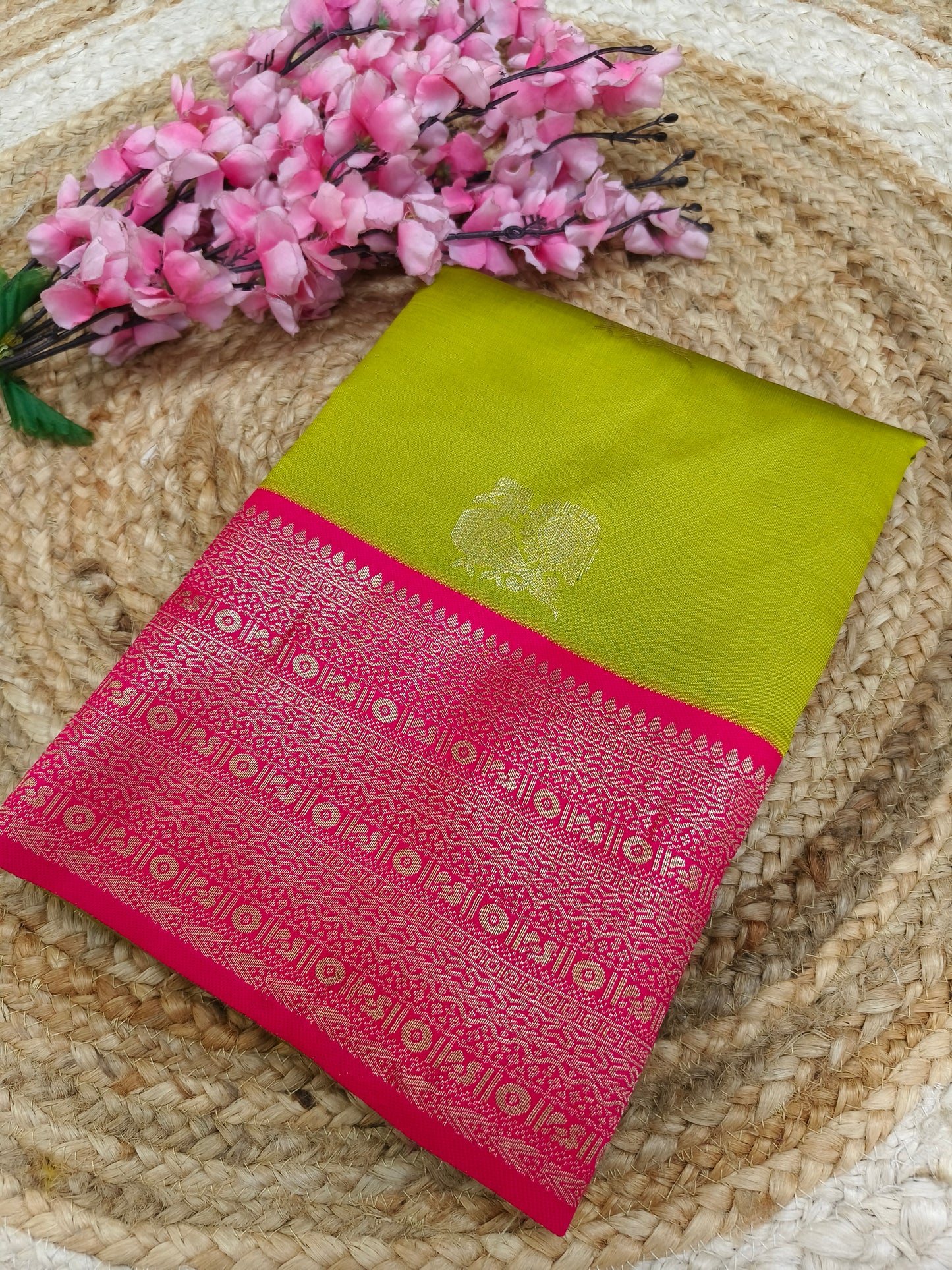Green With Pink Semi silk saree