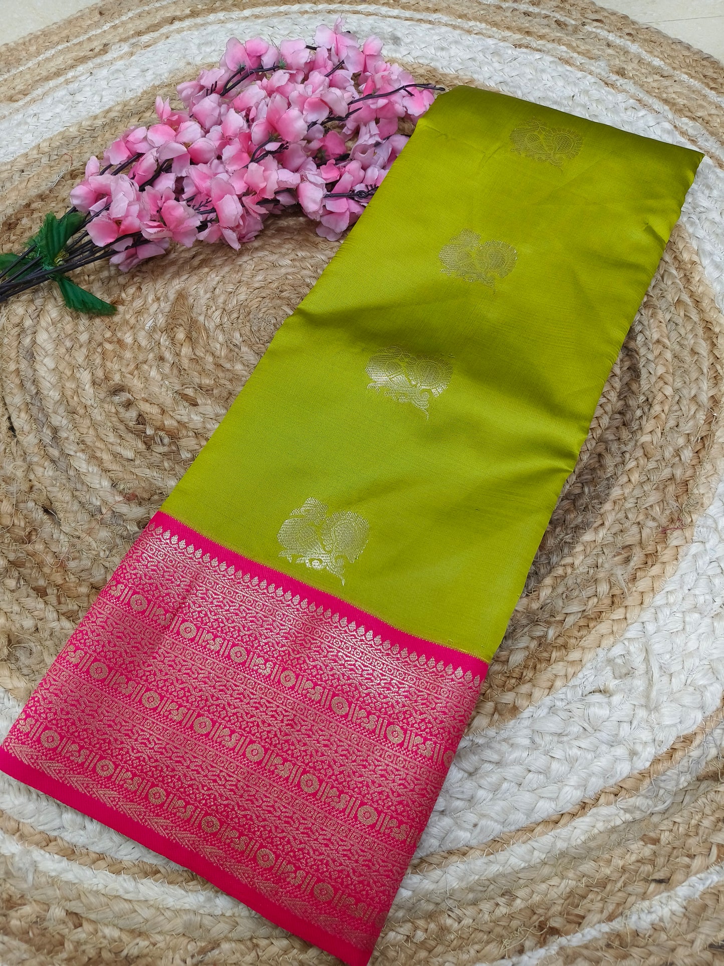 Green With Pink Semi silk saree