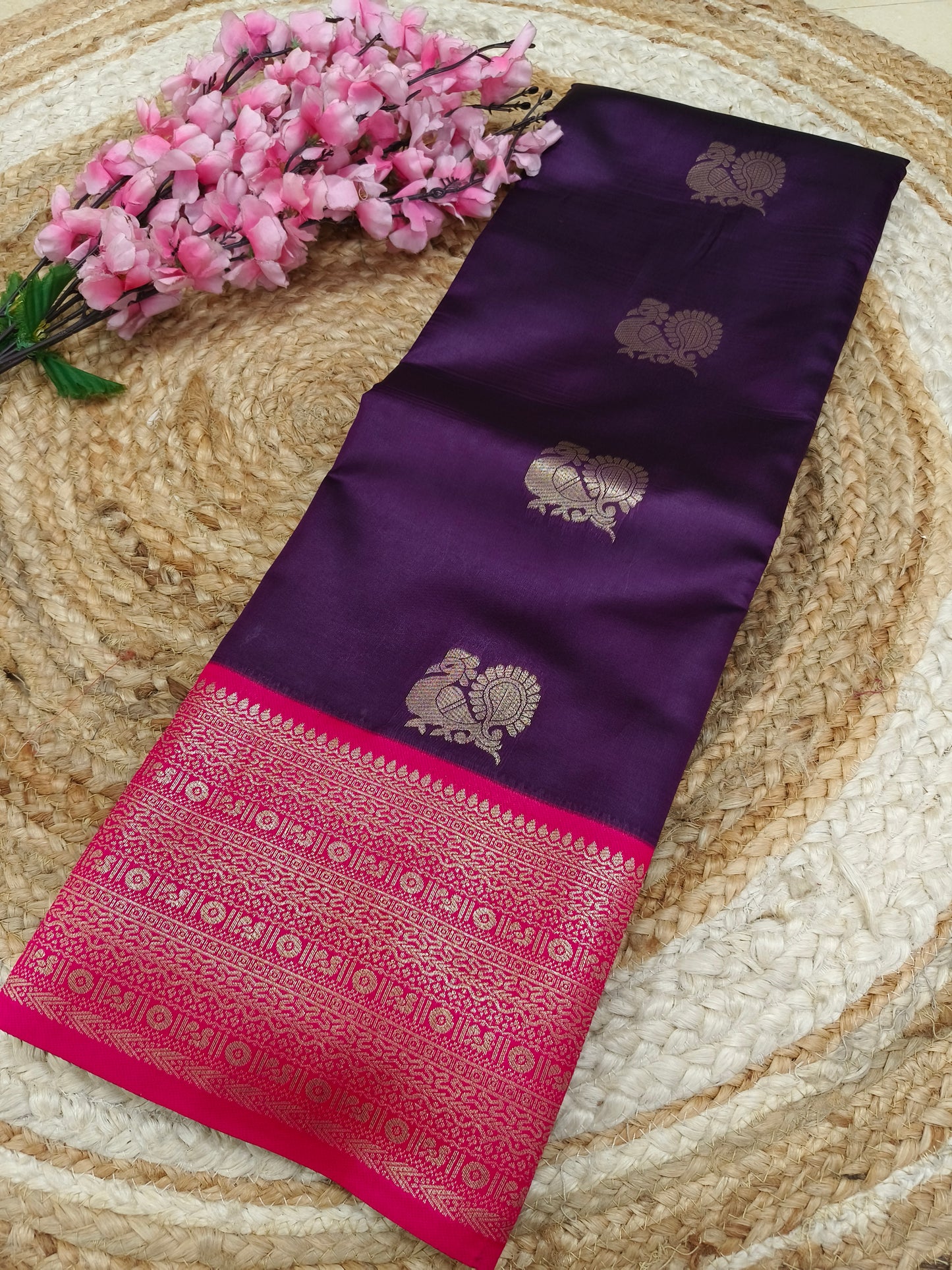 Wine With Pink Semi silk saree