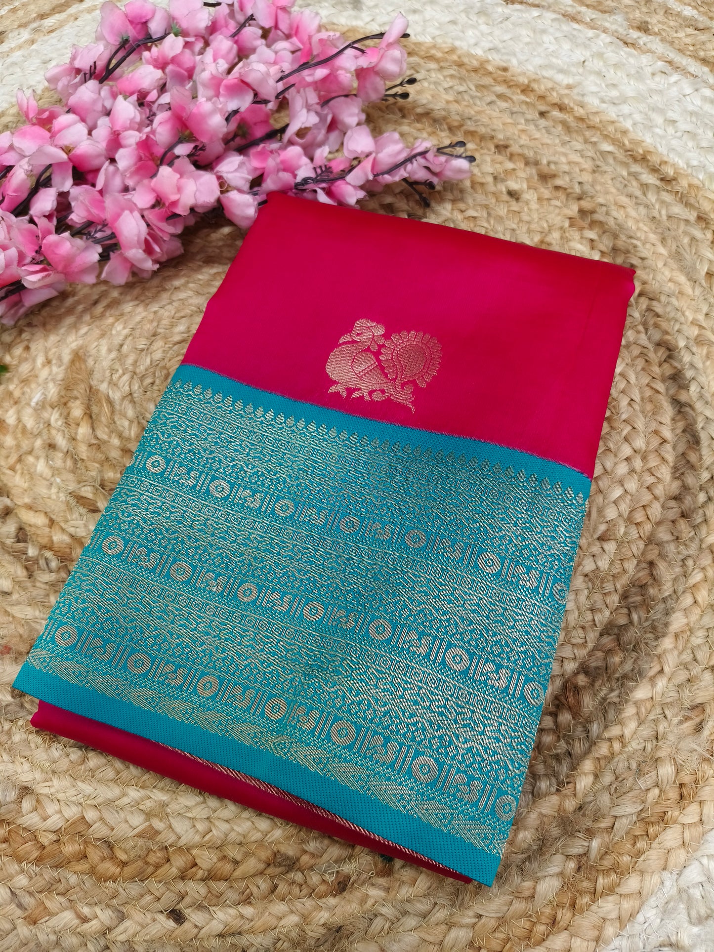 Pink with blue Semi silk saree
