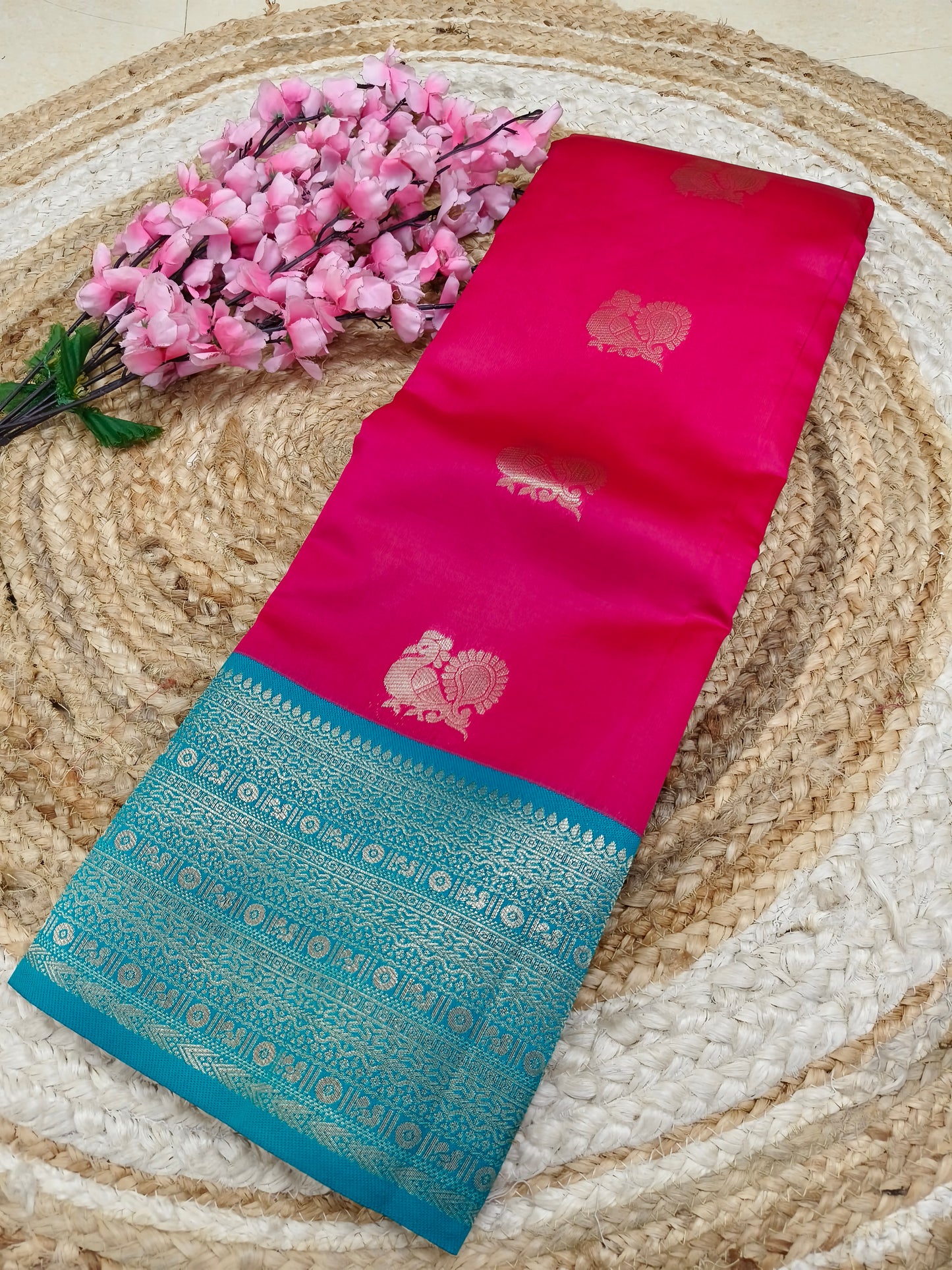 Pink with blue Semi silk saree