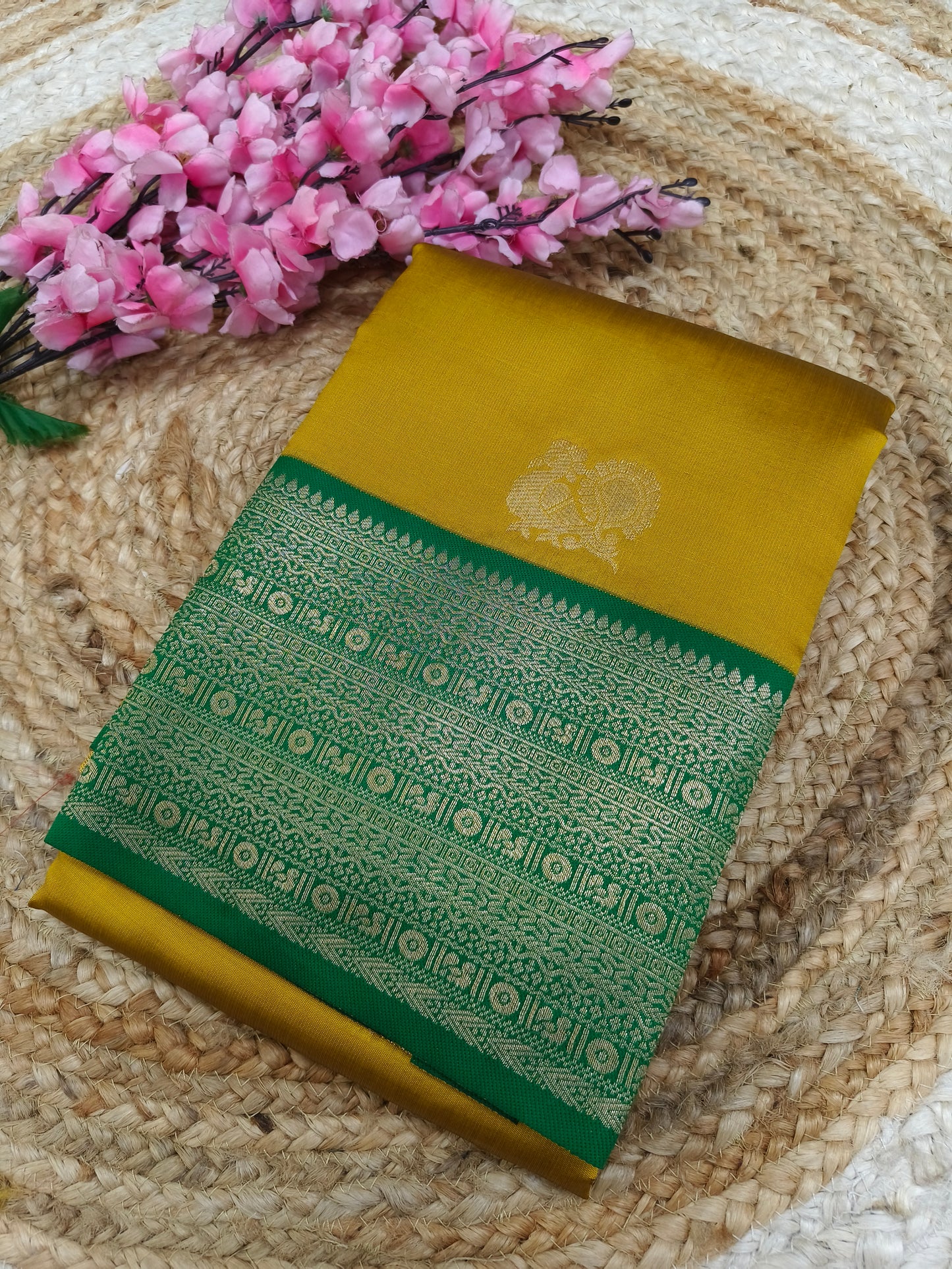 Yellow With Green Semi silk saree