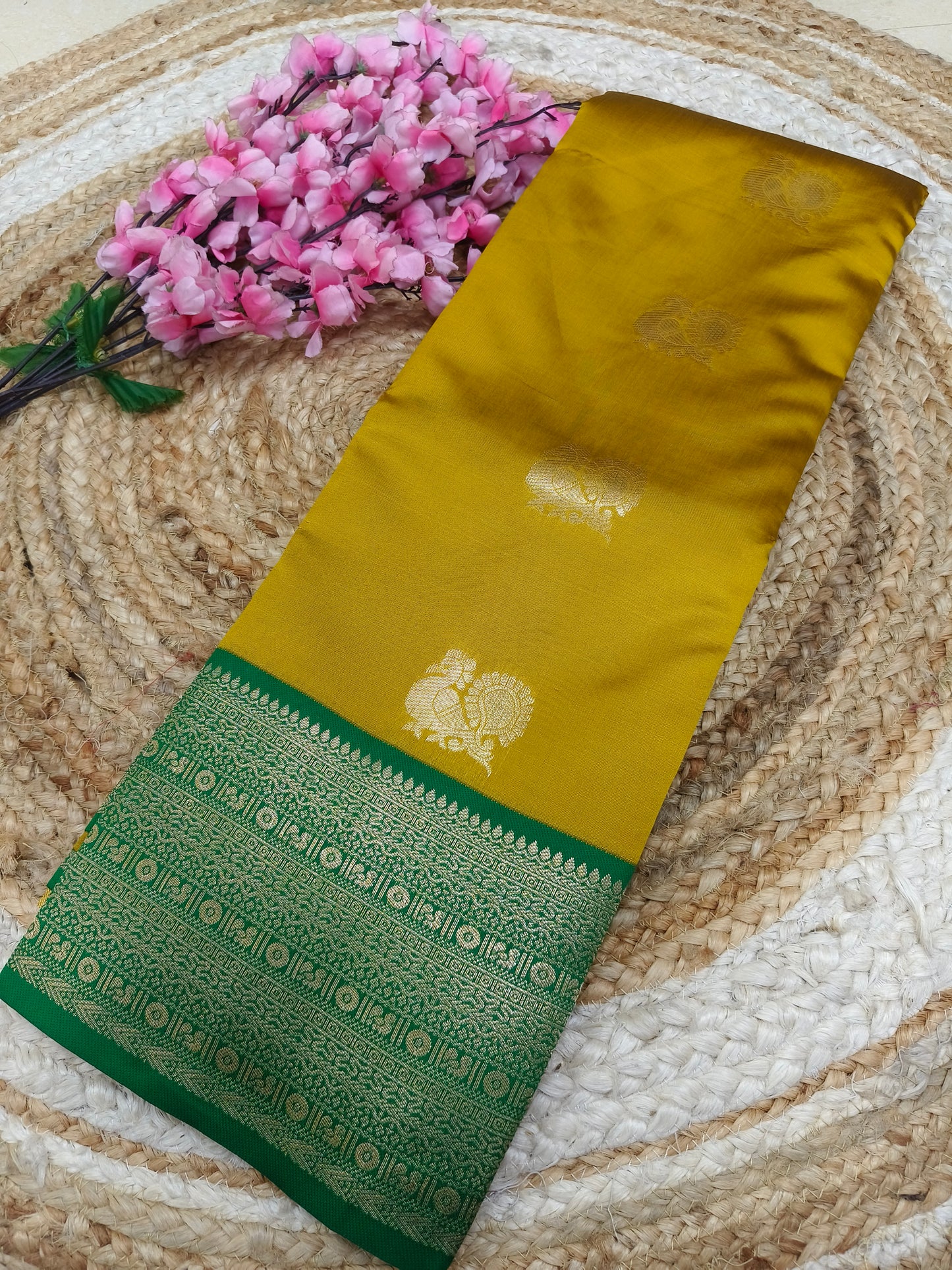 Yellow With Green Semi silk saree