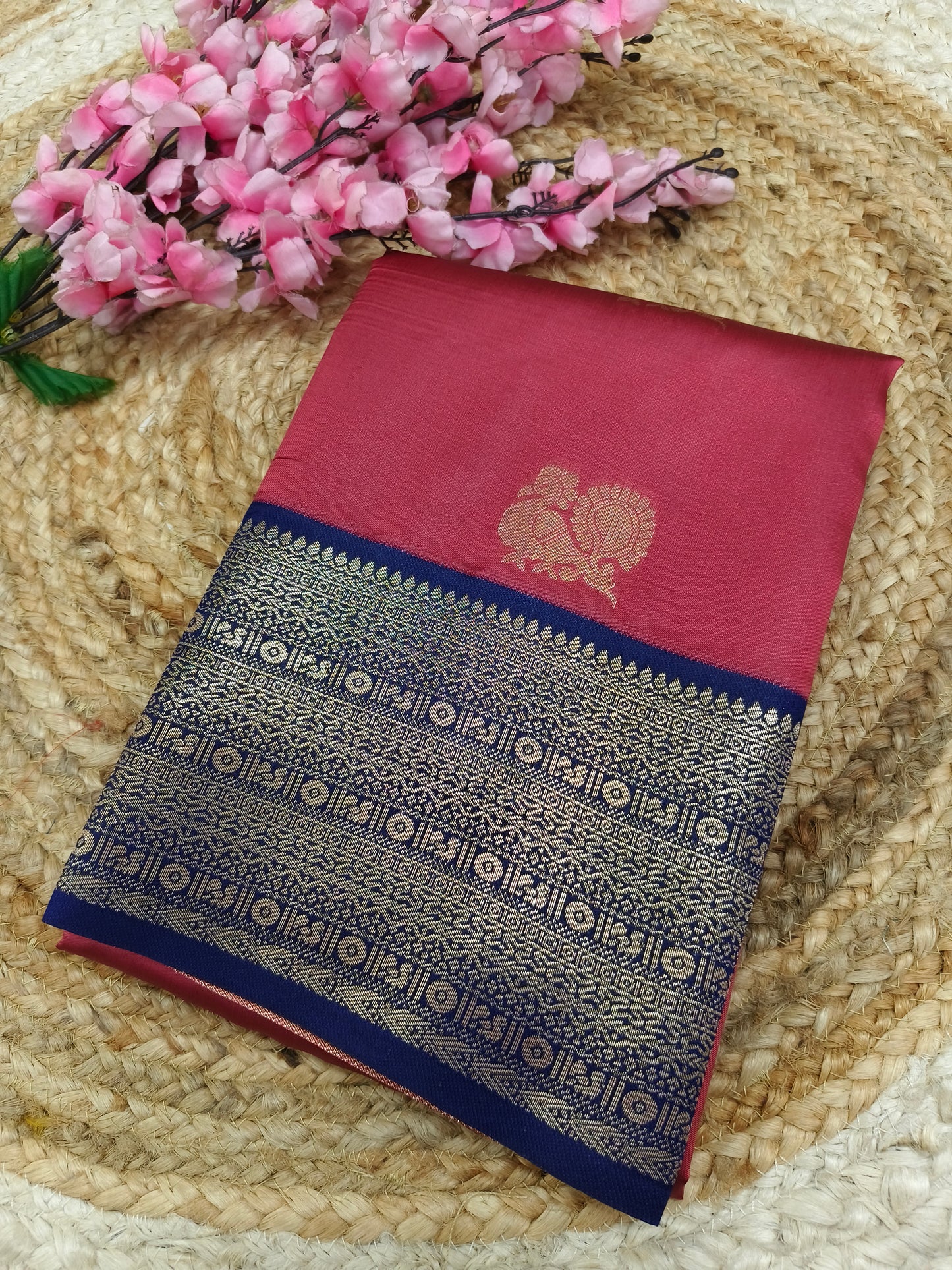 Red With Blue Semi silk saree