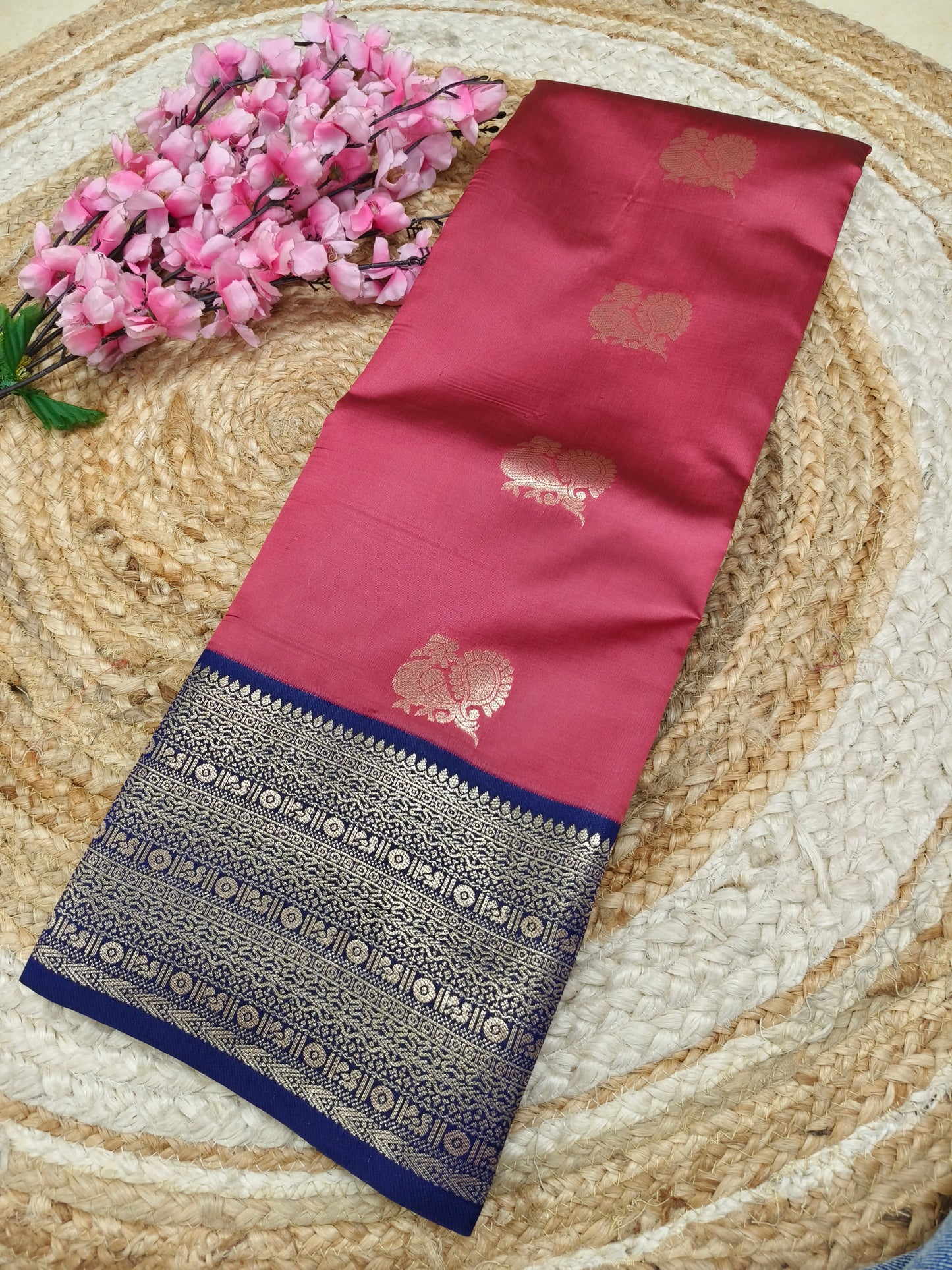 Red With Blue Semi silk saree