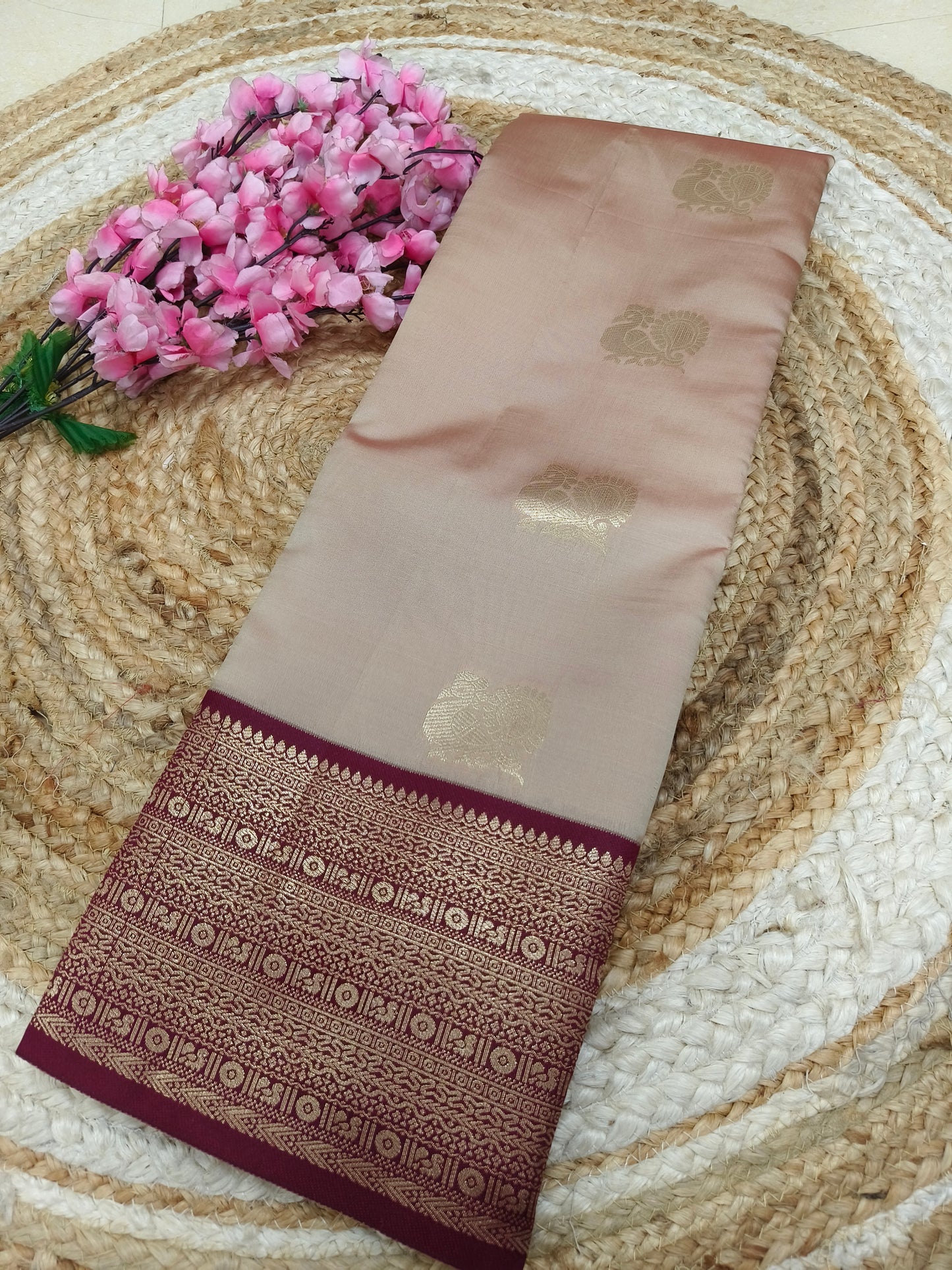 Beige with Maroon Semi silk saree