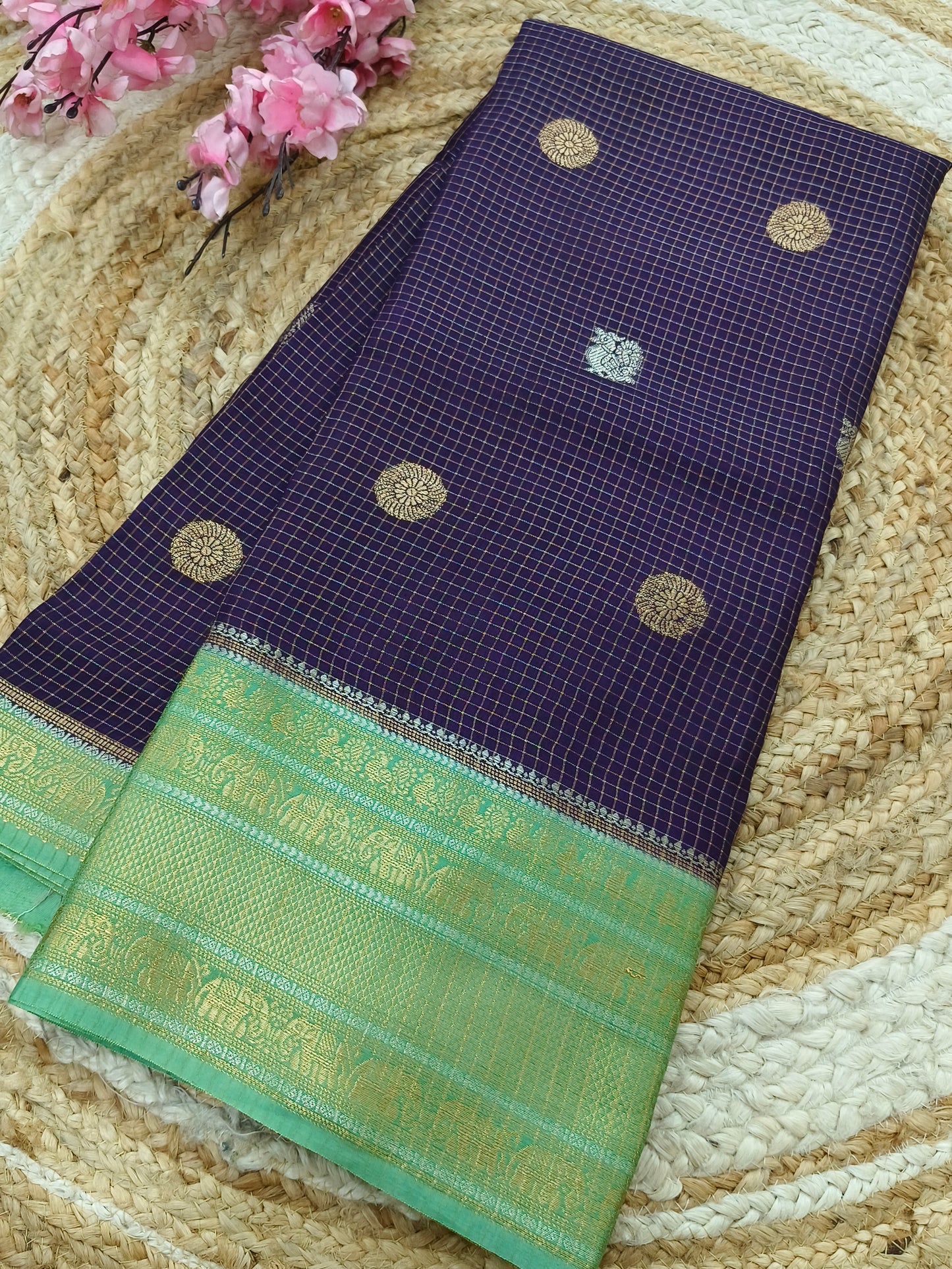 Purple with light blue Viscose silk saree