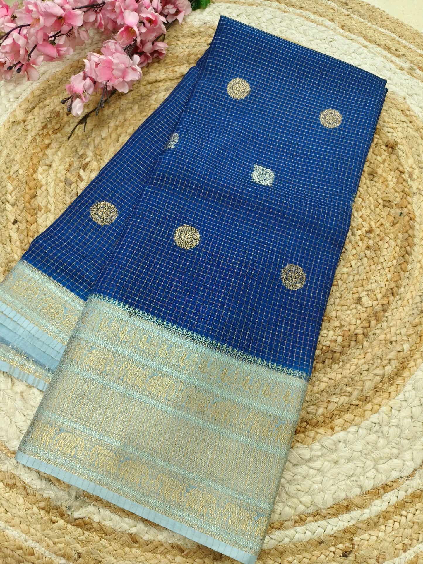 Peacock blue with light grey  Viscose silk saree