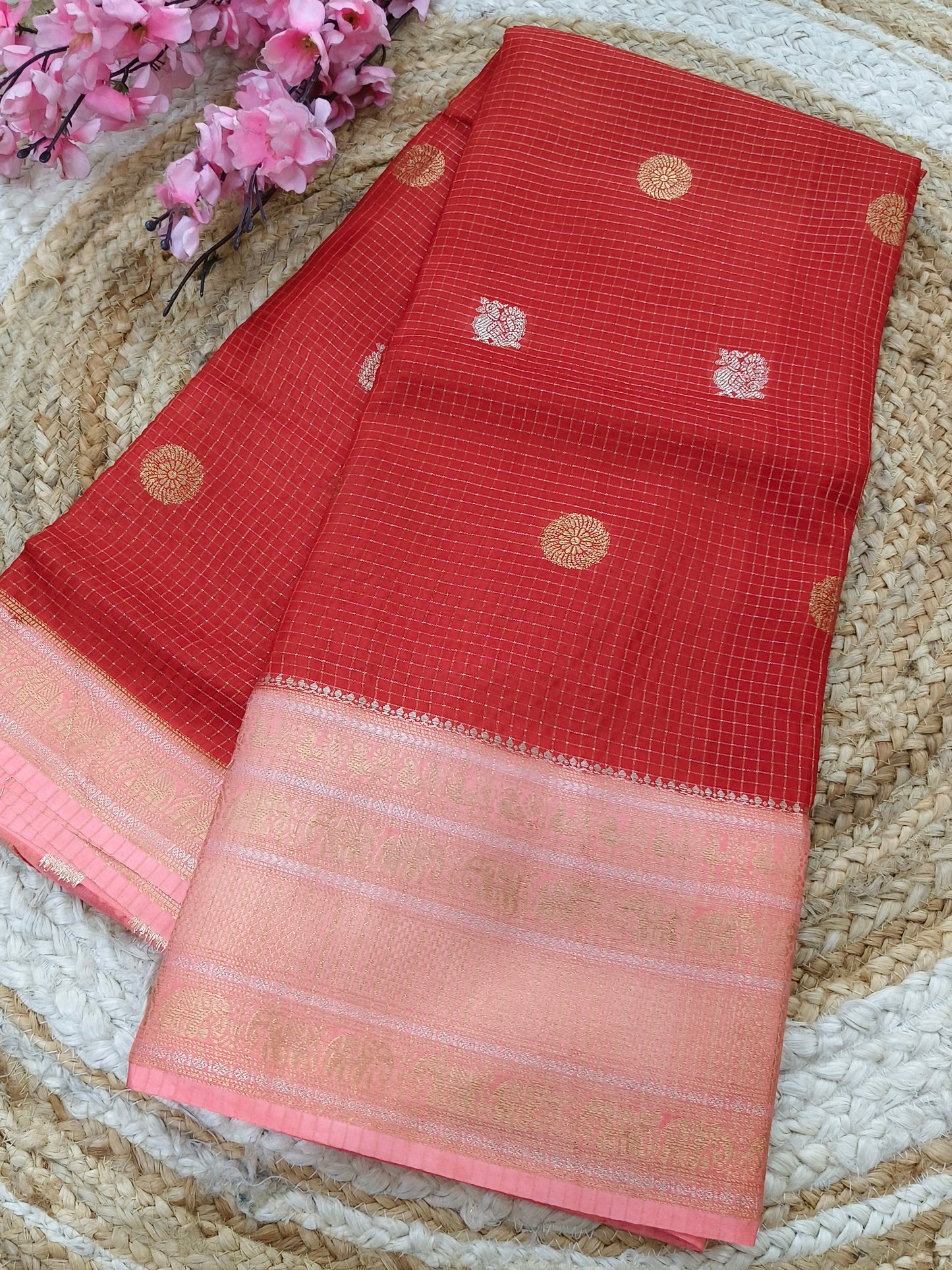 Red with Peach Viscose silk saree