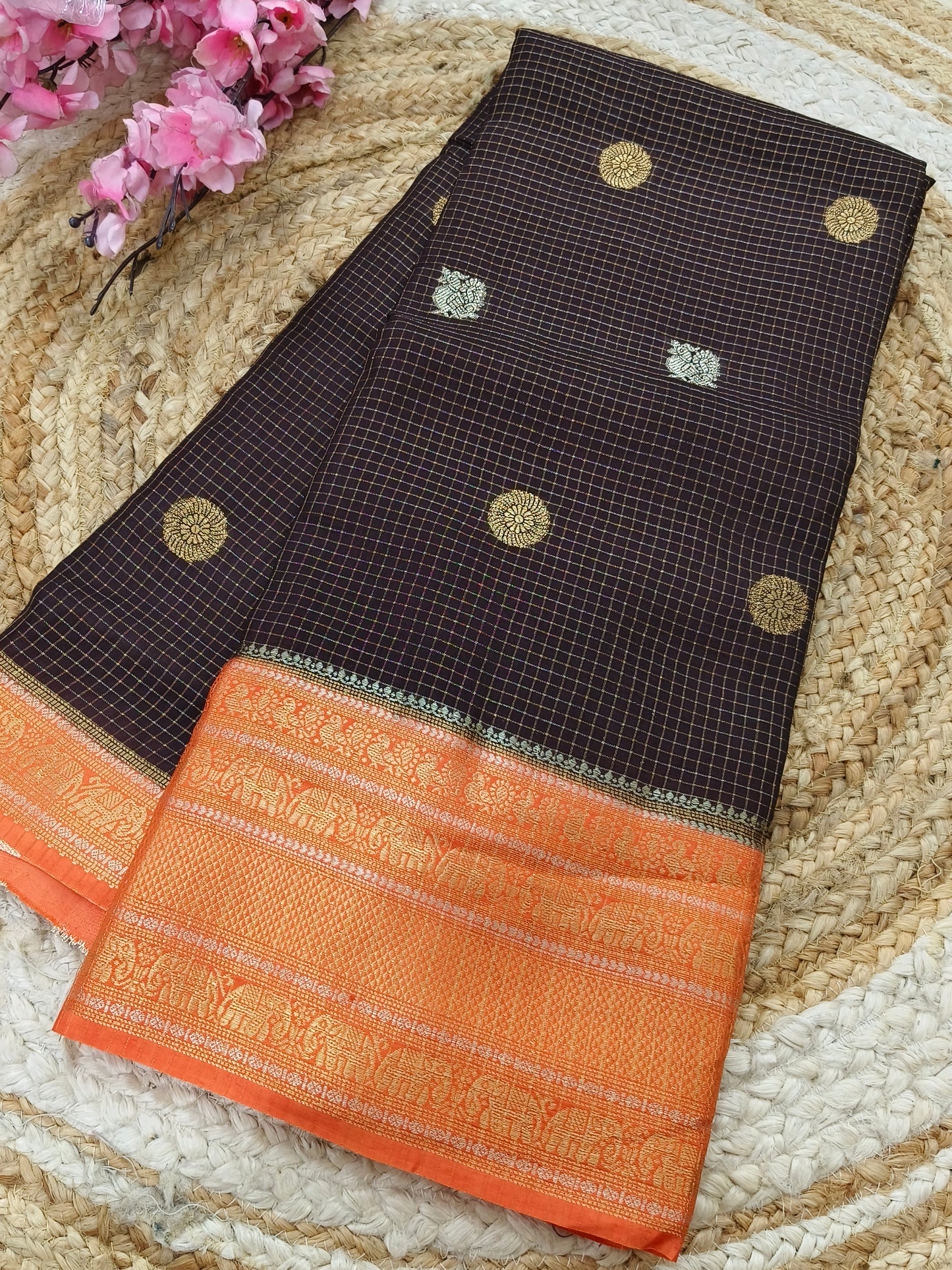 Brown with orange viscose silk saree