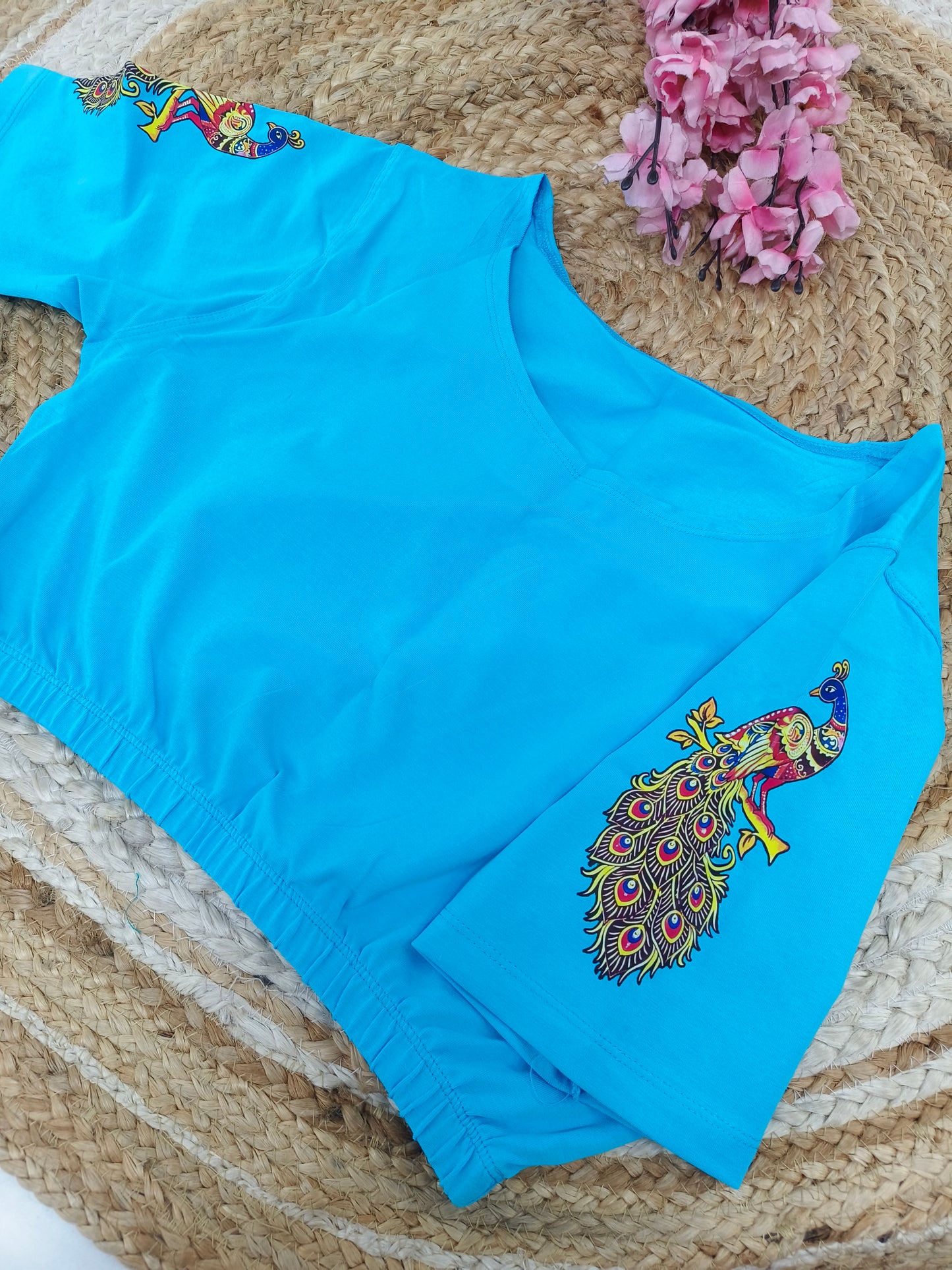 Sky Blue Stretchable blouse with unique printed design