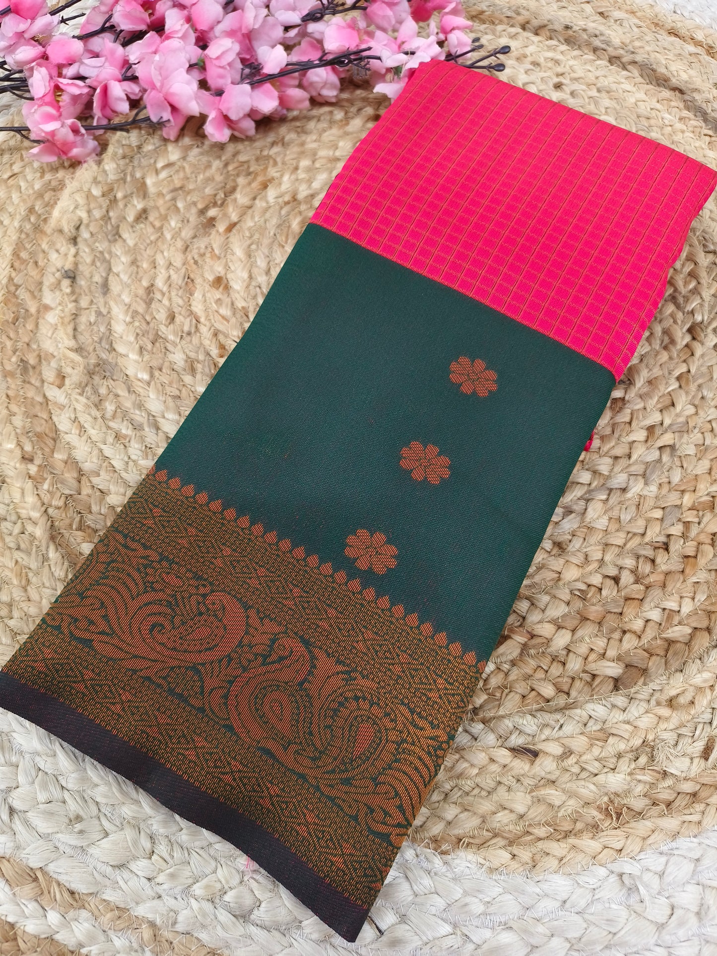 Pink With Bottle Green semi silk saree