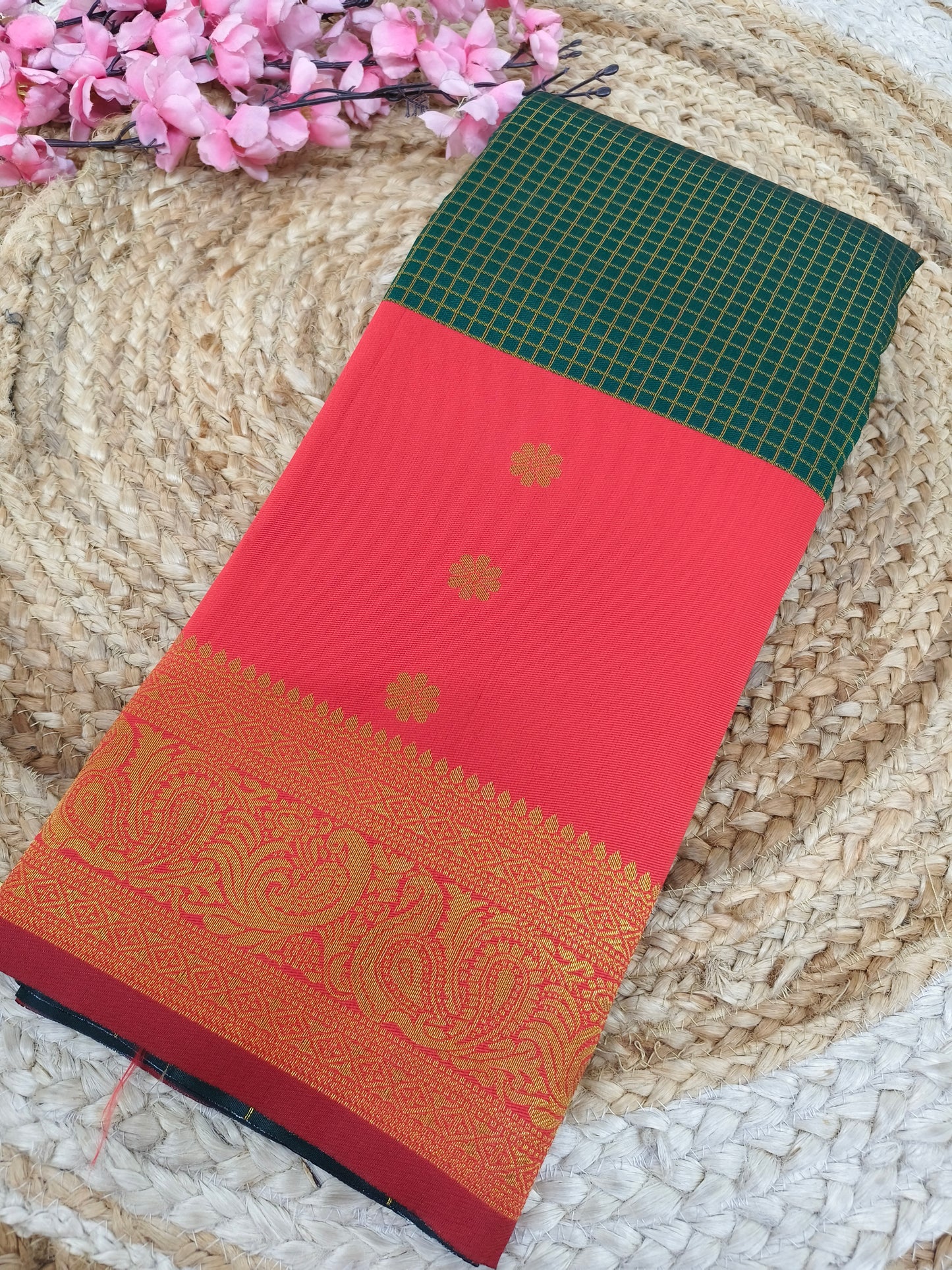 Bottle Green with Red semi silk saree