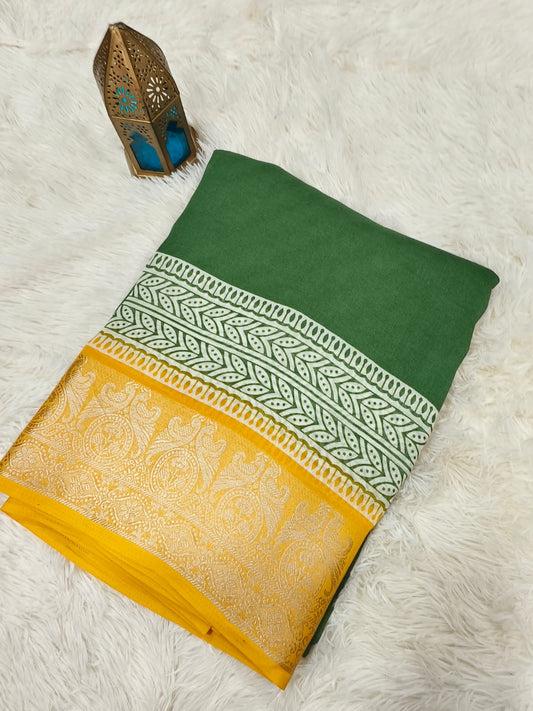 Green with yellow Viscous Georgette saree