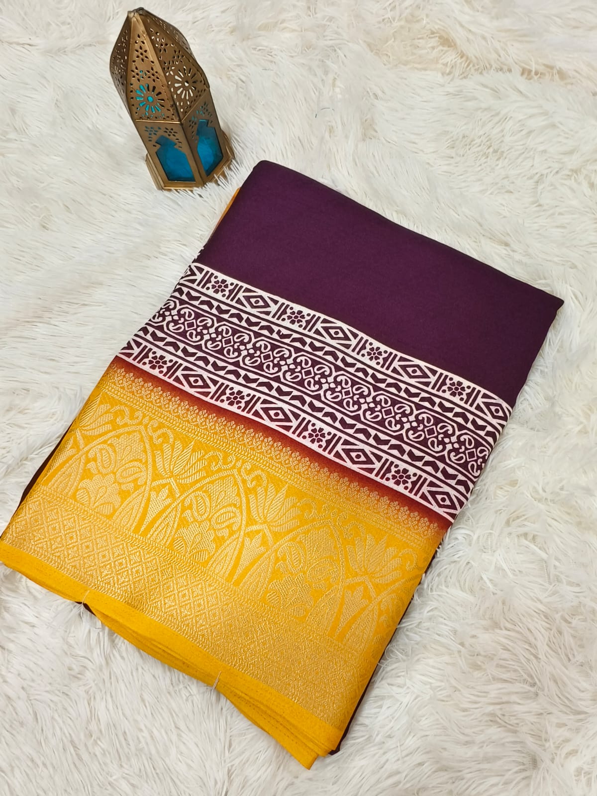 Burgundy with yellow Viscous Georgette saree