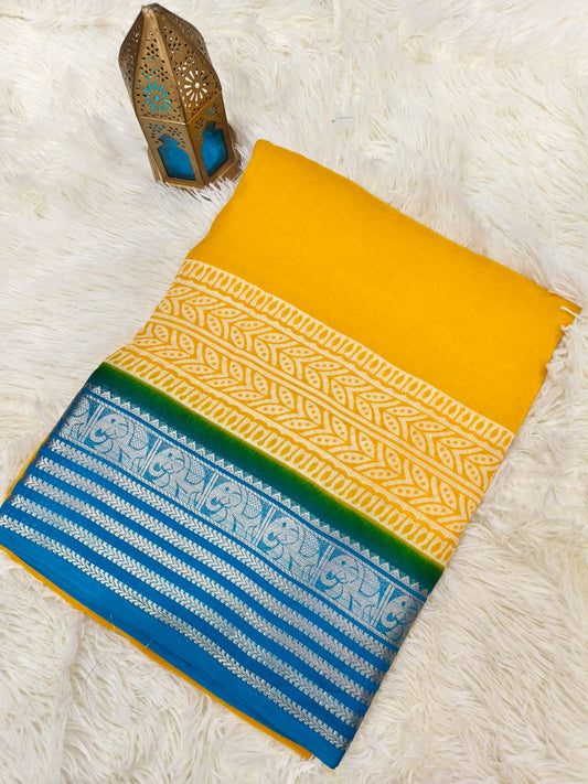 Yellow with blue Viscous Georgette saree