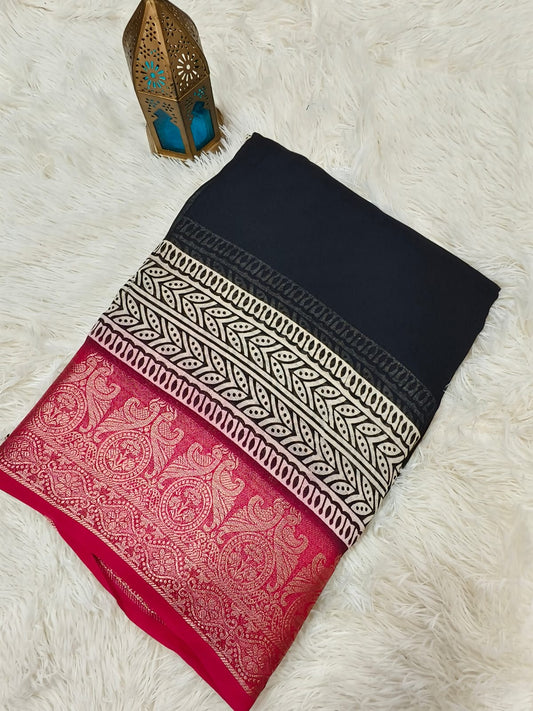 Black with pink Viscous Georgette saree