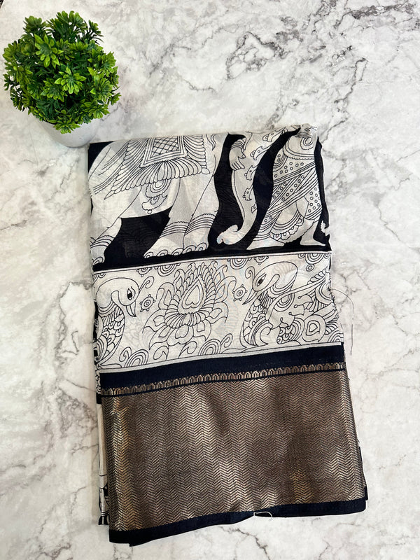 Black and white kalamkari dola silk saree