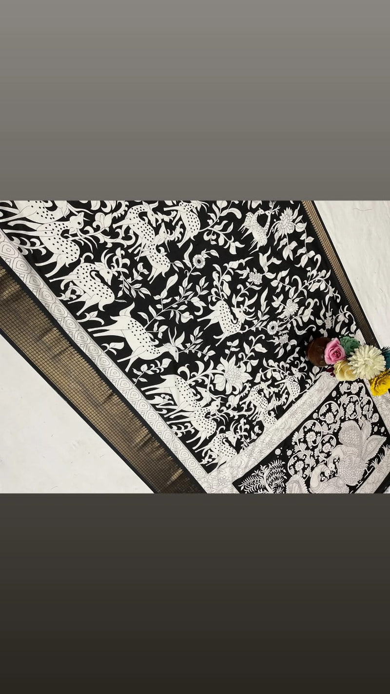 Black and white kalamkari dola silk saree