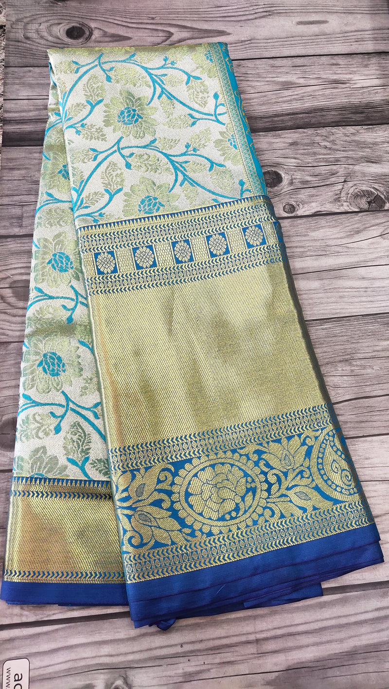 Blue Kanchipuram semi silk saree