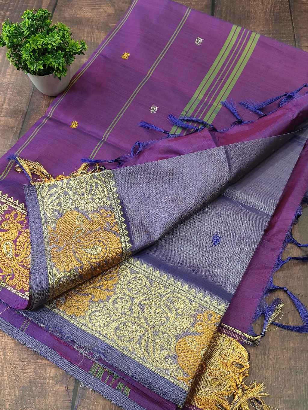 purple with grayish blue Banana Pith Saree