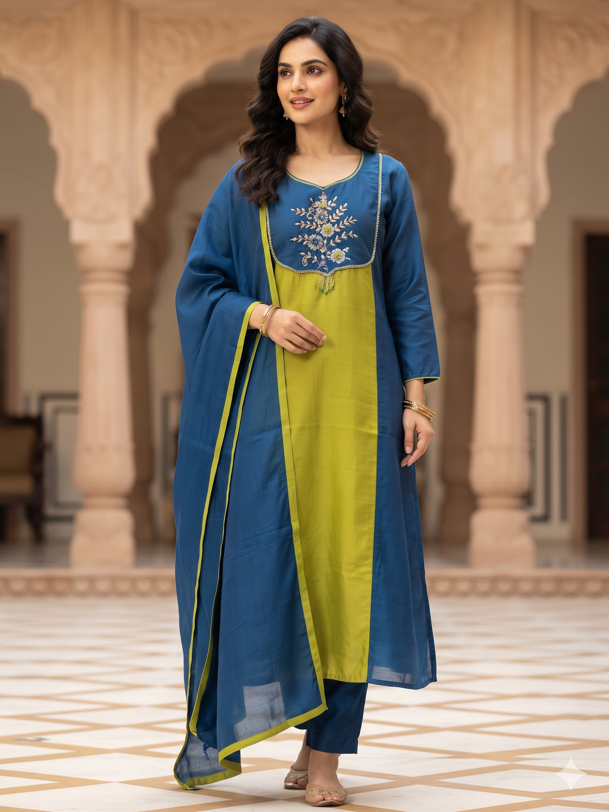 Elegant soft green with blue Malchanderi A - Line suits