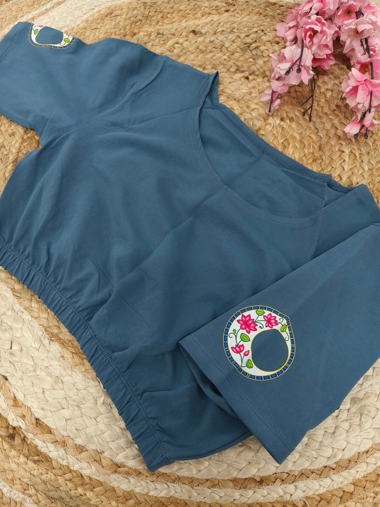Teal blue Stretchable blouse with unique printed design