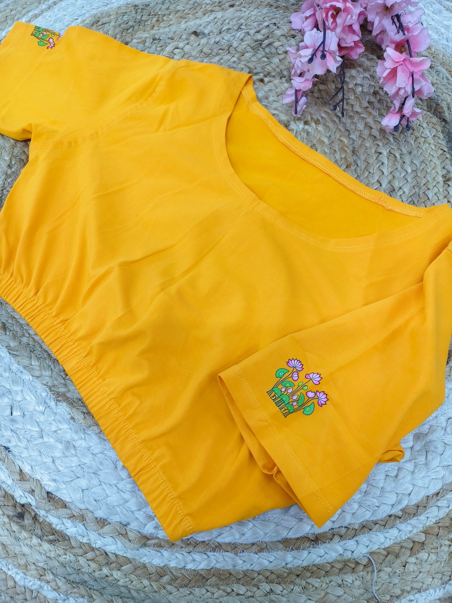 Yellow Stretchable blouse with unique printed design