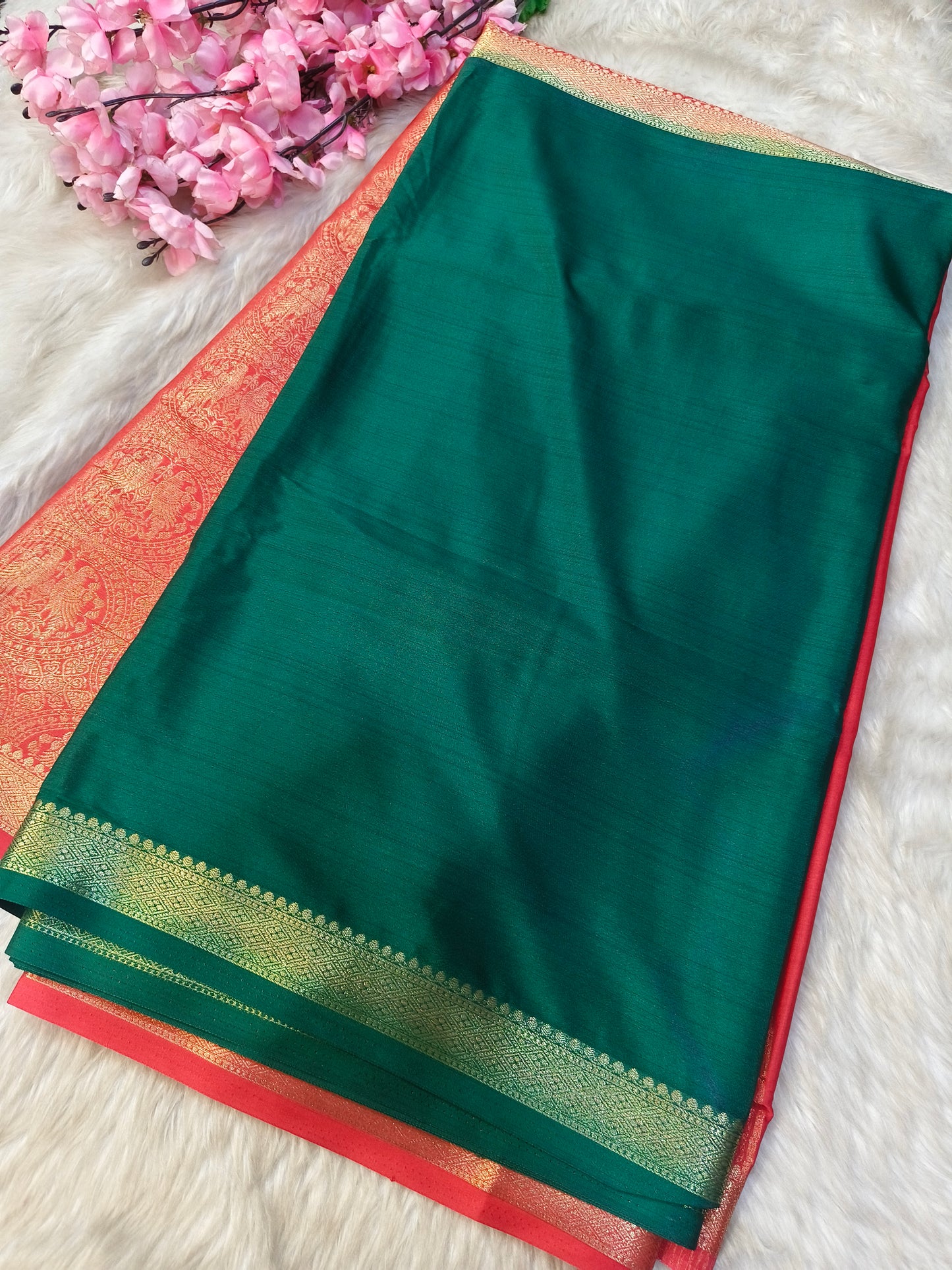 Red with green semi Mysore crepe silk saree
