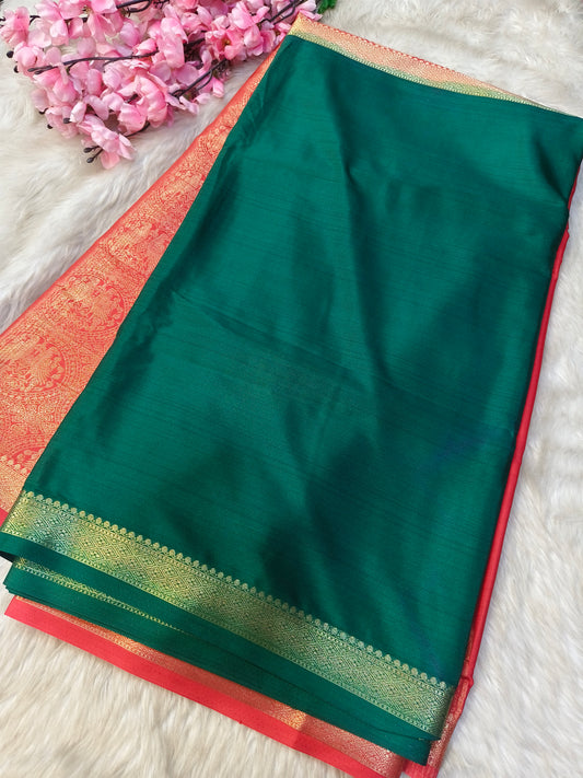 Red with green semi Mysore crepe silk saree